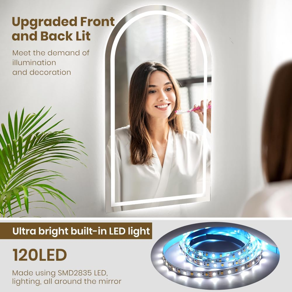 Simplus LED Bathroom Vanity Mirror Arch Mirrors Wall Light Vanity Shower Bathroom Make up Mirrors with anti Fog Smart Touch Switch Backlit and Front Light, 60X100Cm image number 4