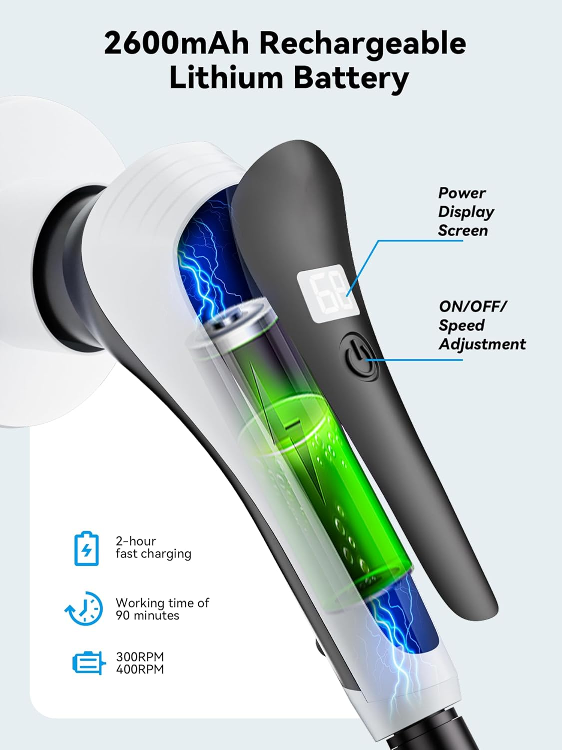 Electric Spin Scrubber,Cordless Cleaning Brush with Power Display Screen,Ip68 Waterproof Shower Cleaning Brush with 8 Replaceable Brush Heads,Adjustable & Detachable Handle and 2 Adjustable Speeds image number 3