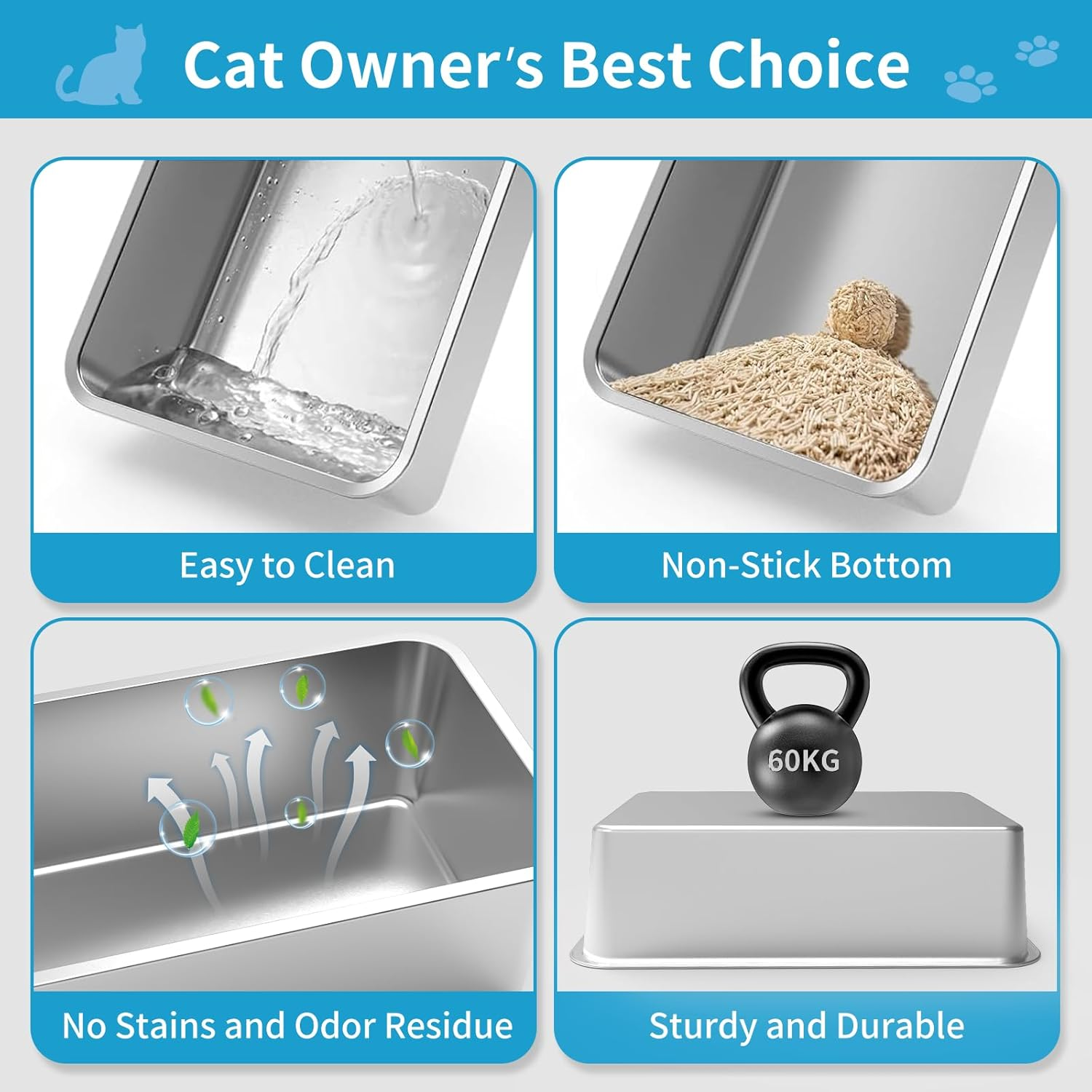 Stainless Steel Cat Litter Box with Lid, XL High Sided Metal Sifting Litter Box, Enclosed Litter Box for Big Cats, Anti-Leakage, Easy Clean, Include Scoop, Liner, Pee Pad and Hook