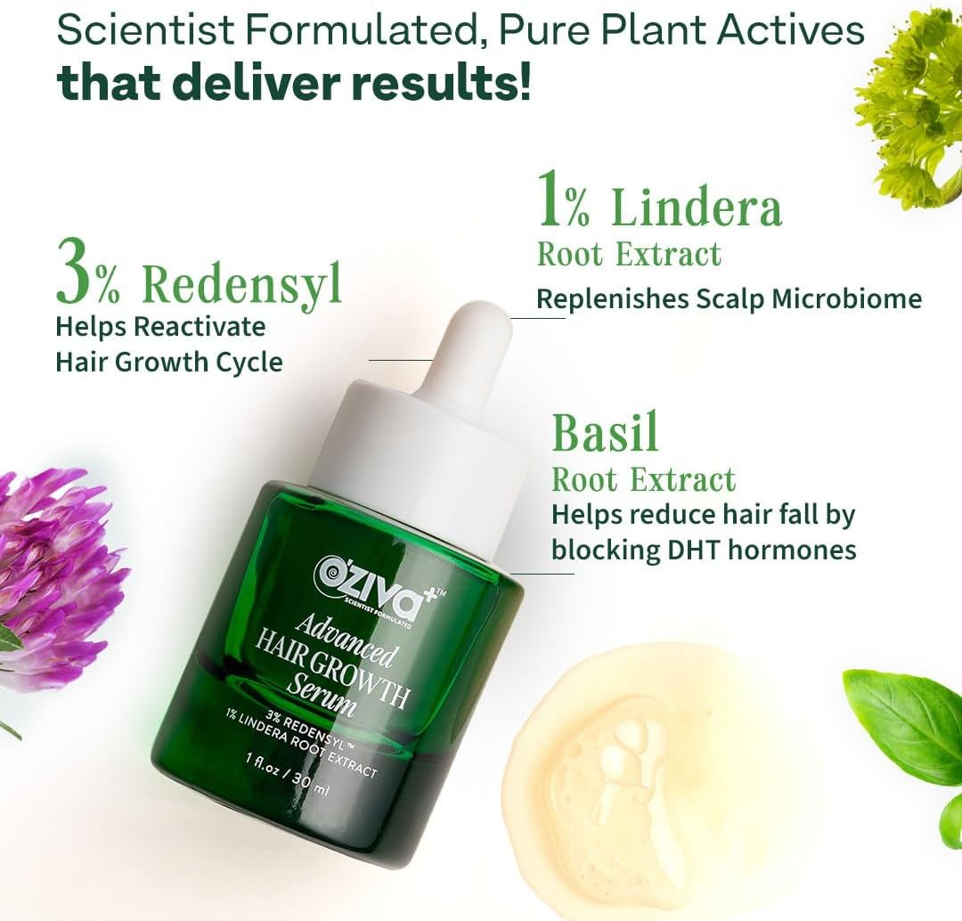 Oziva+ Advanced Hair Growth Serum with 3% Redensyl & 1% Lindera Root Extract | Balances Scalp Microbiome & Activates Hair Growth | Scientist Formulated with Pure Plant Actives | No Side Effects | 30Ml image number 1
