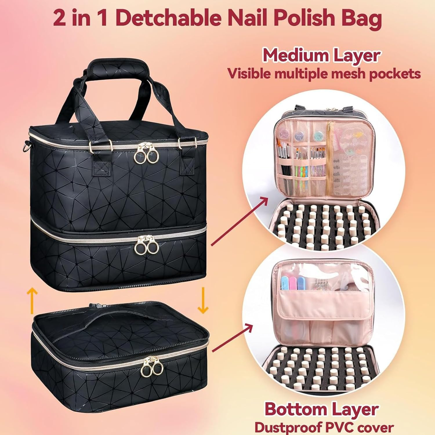 Nail Polish Organizer Bag, 3 Layers Storage Bag Holds 84 Bottles and One Nail Lamp, Large Shoulder Bag for Manicure Tools, Geometric Pattern, Nail Polish Organizer Bag image number 4