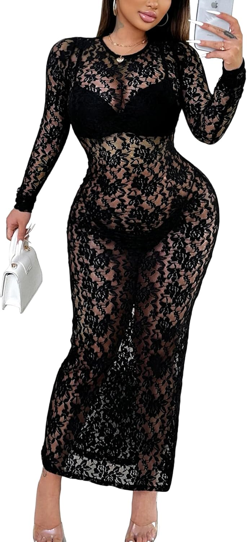 Elegant Long Sleeve Lace Dress for Women - Lace Maxi Dress with Sheer Overlay, Sexy Maternity & Evening Gown