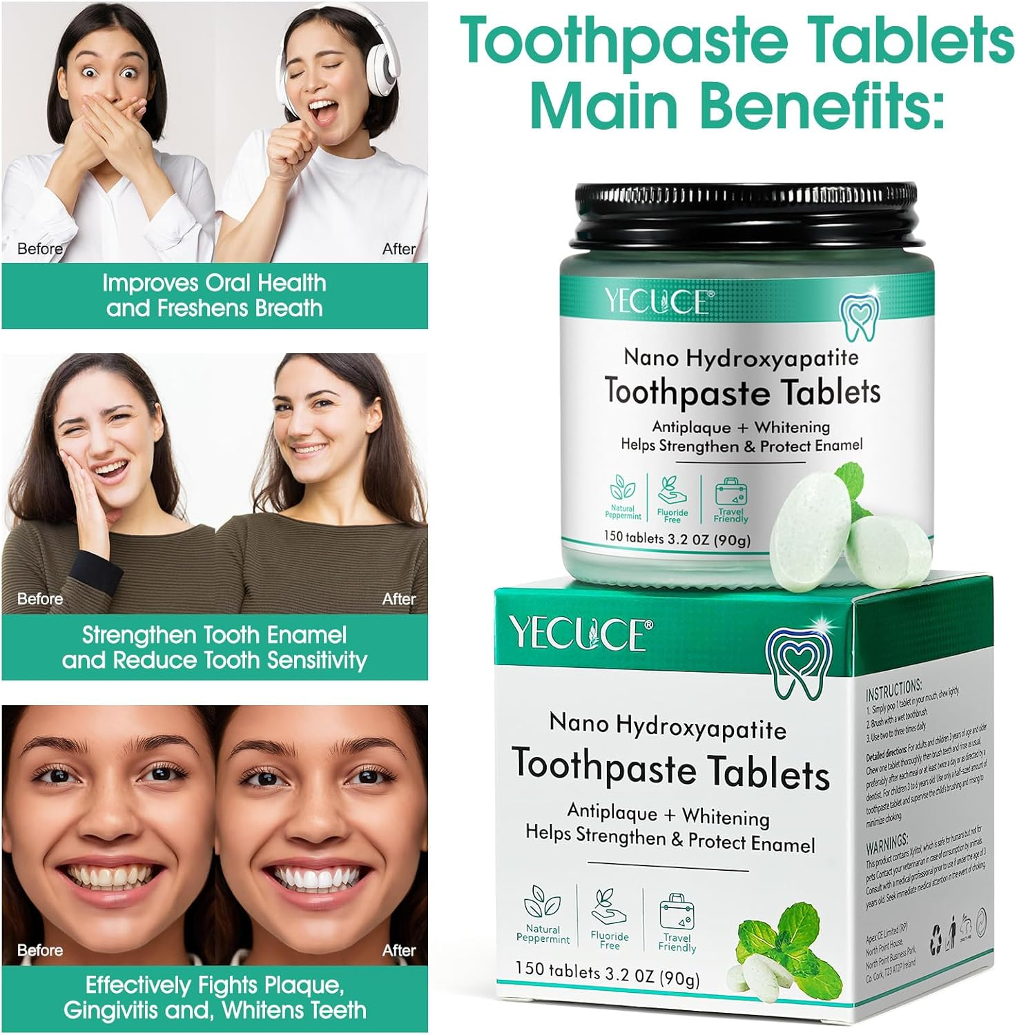 Toothpaste Tablets 150 Counts, Sensitive Bites with Nano Hydroxyapatite, Travel Mouthwash Tablets Help Strengthen & Protect Enamel, Chewable Tablet (Peppermint)