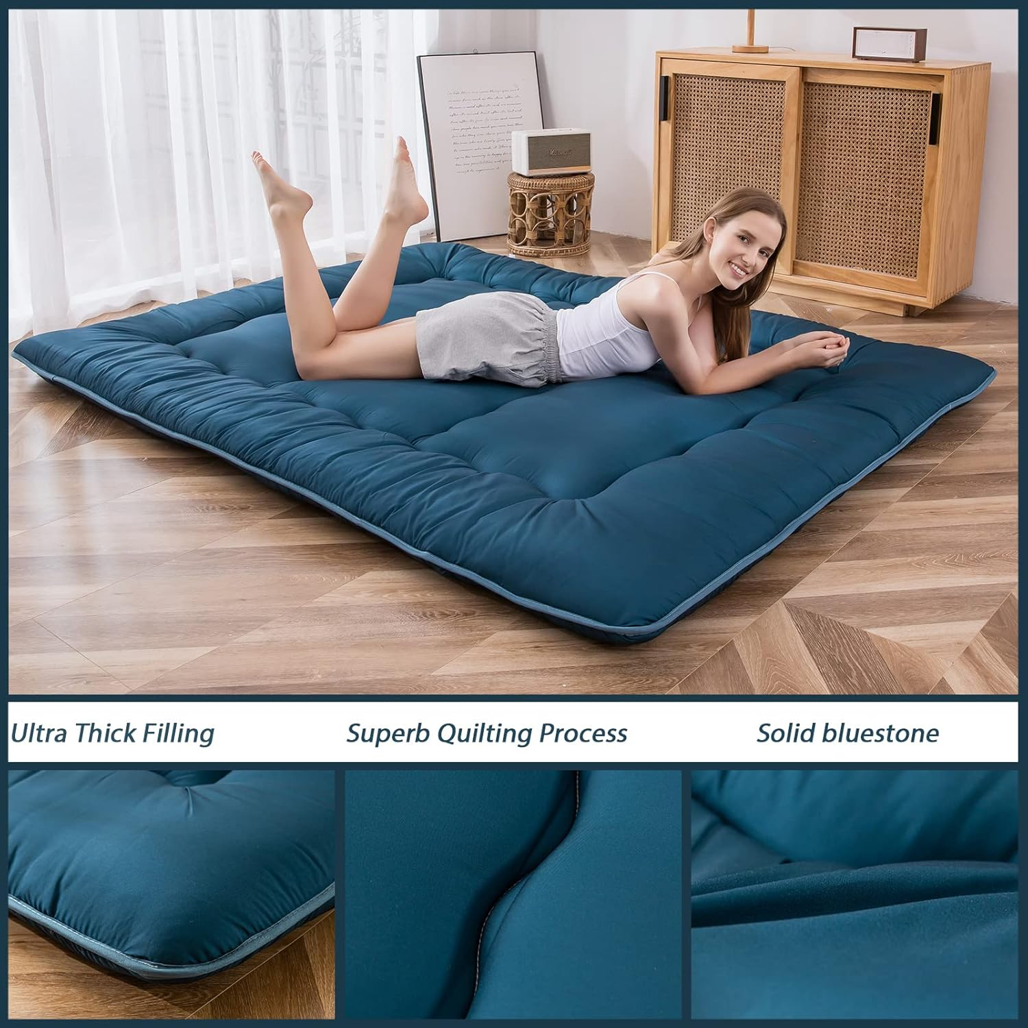 MAXYOYO Japanese Floor Mattress Futon Mattress, Thicken Tatami Mat Sleeping Pad Foldable Roll up Mattress Dormitory Mattress Pad Floor Lounger Pillow Bed (Bluestone, Double) image number 5