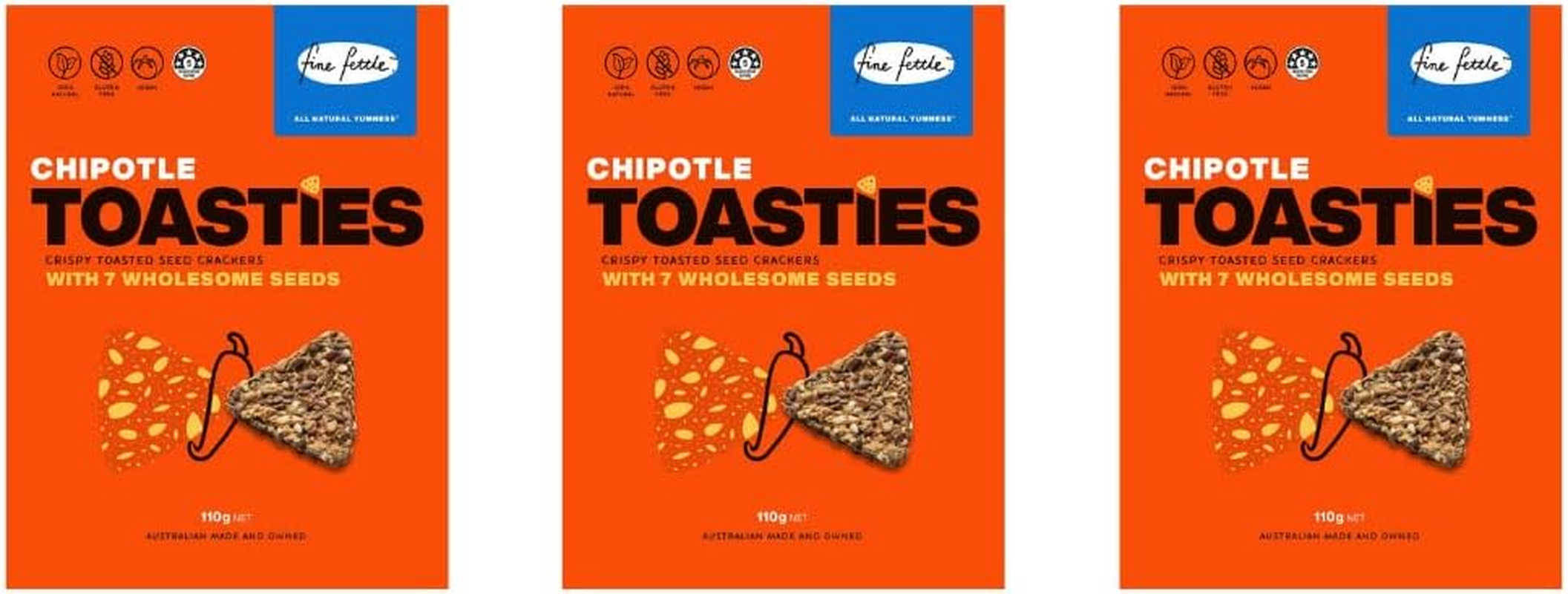 Fine Fettle Chipotle Toasties 110G X 3 - All Natural - No Preservatives - Gluten Free - Low Carb - Vegan, Keto & Paleo Friendly image number 1