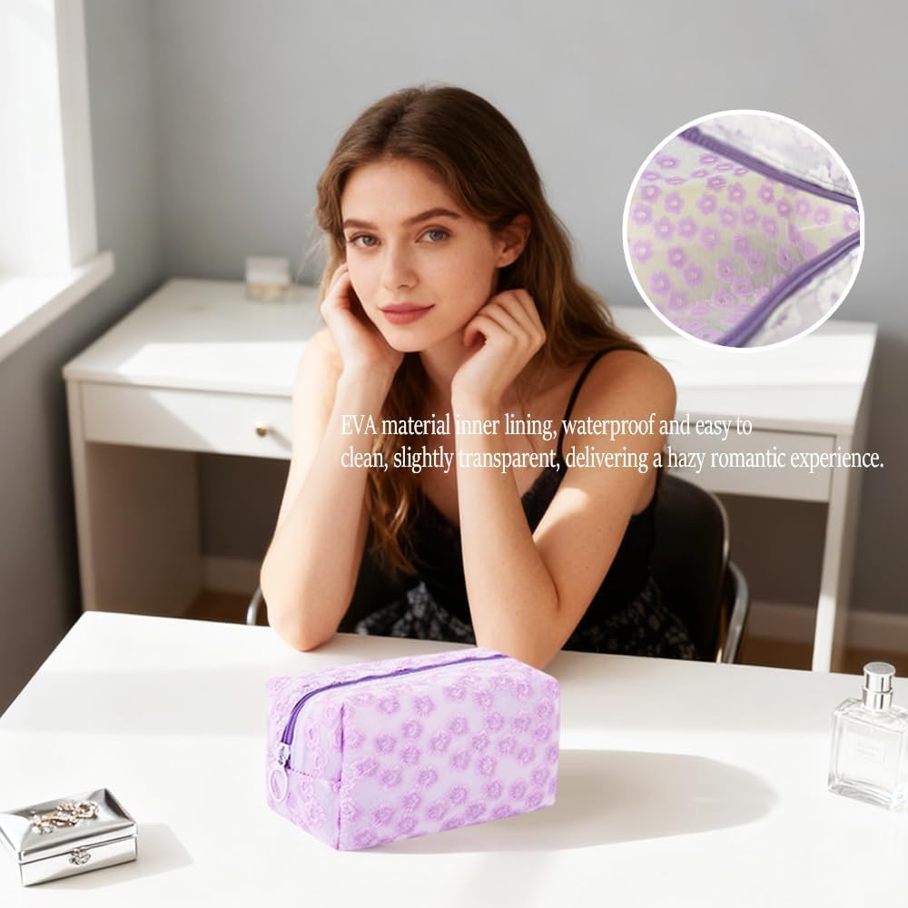 MSLSOZ Flower Embroidered Plastic Makeup Bag, Semi Transparent Makeup Bags with Design, Waterproof Small Makeup Bag for Handbag, Women'S Beauty Bag, for Daily Use, Travel or as a Gift (Purple). image number 3