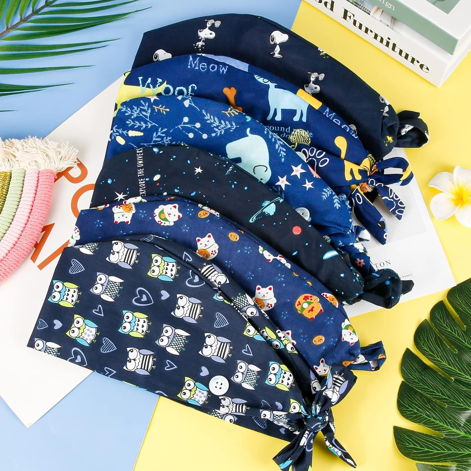 6Pcs Working Caps with Button and Sweatband, Adjustable Working Hats, Turban Cap, Printed Soft Cotton Hood for Women and Men