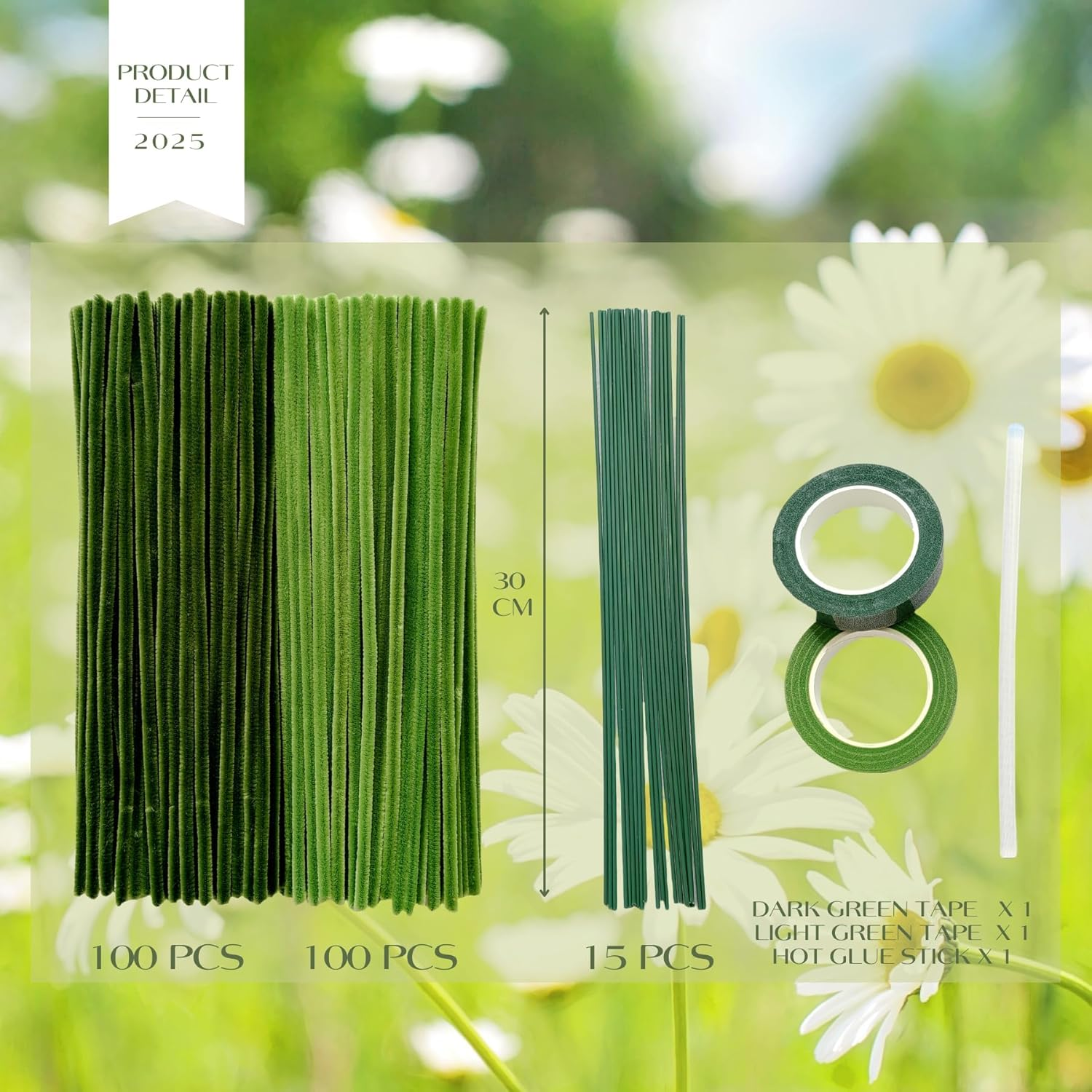200 Pcs Green Pipe Cleaners(Dark & Light) and 15 Green Foral Wires,2 Gardening Tapes,Hot Glue Stick,Pipe Cleaners for Crafts,Flower Making Kit,Pipe Cleaner Flowers image number 2