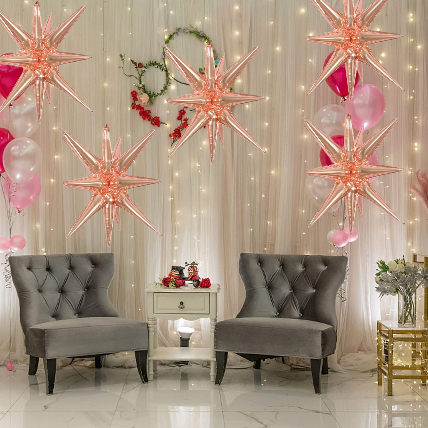 6 Pcs Rose Gold Star Foil Balloons One-Piece 14-Pointed Star Balloons 4D Starburst Cone Mylar Balloons 22Inch Christmas Birthday Wedding Wedding Anniversary Party Supplies(Rose Gold) image number 4