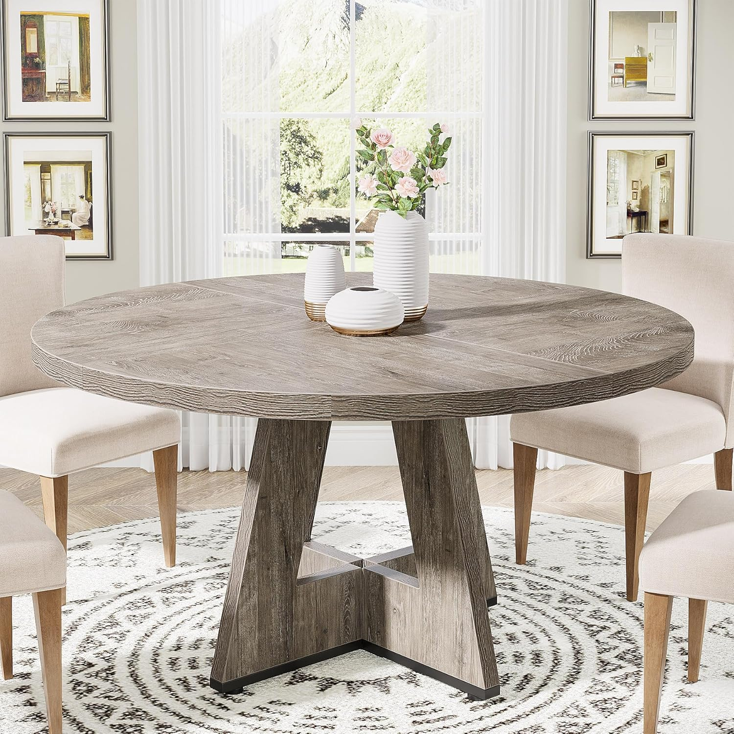 Tribesigns round Dining Table Wood Kitchen Table for Dining Room, 120 Cm Dinning Room Tables for 4 Adult, Farmhouse Dinner Table with Wooden Tabletop and Cross Base, Rustic Grey image number 4