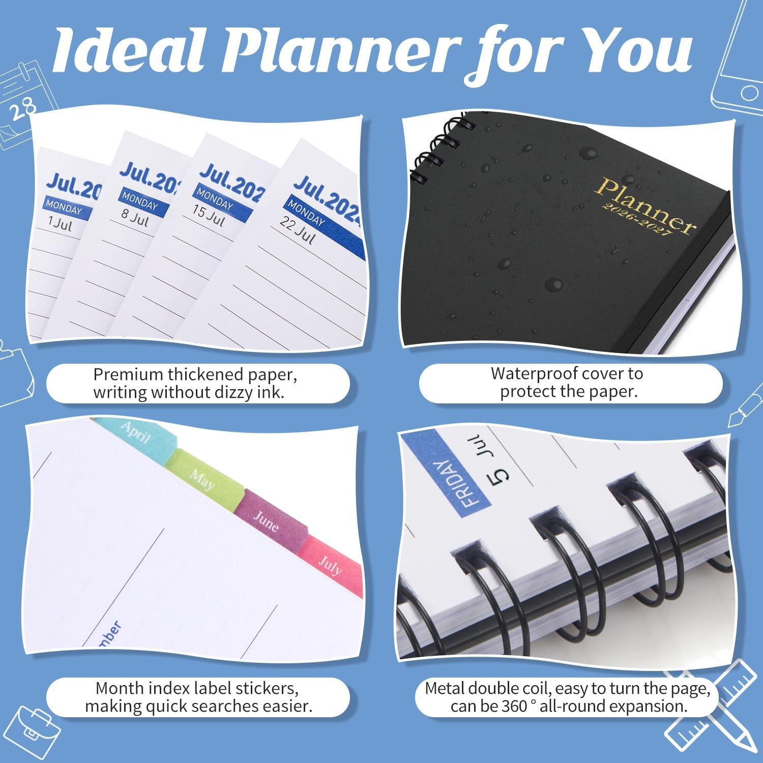 Monthly Weekly Daily Planner 2026-2027 with Stickers, Agenda Planner from January 2026-June 2027, 5.7'' X 8.2'' (Black) - Deep Blue image number 3