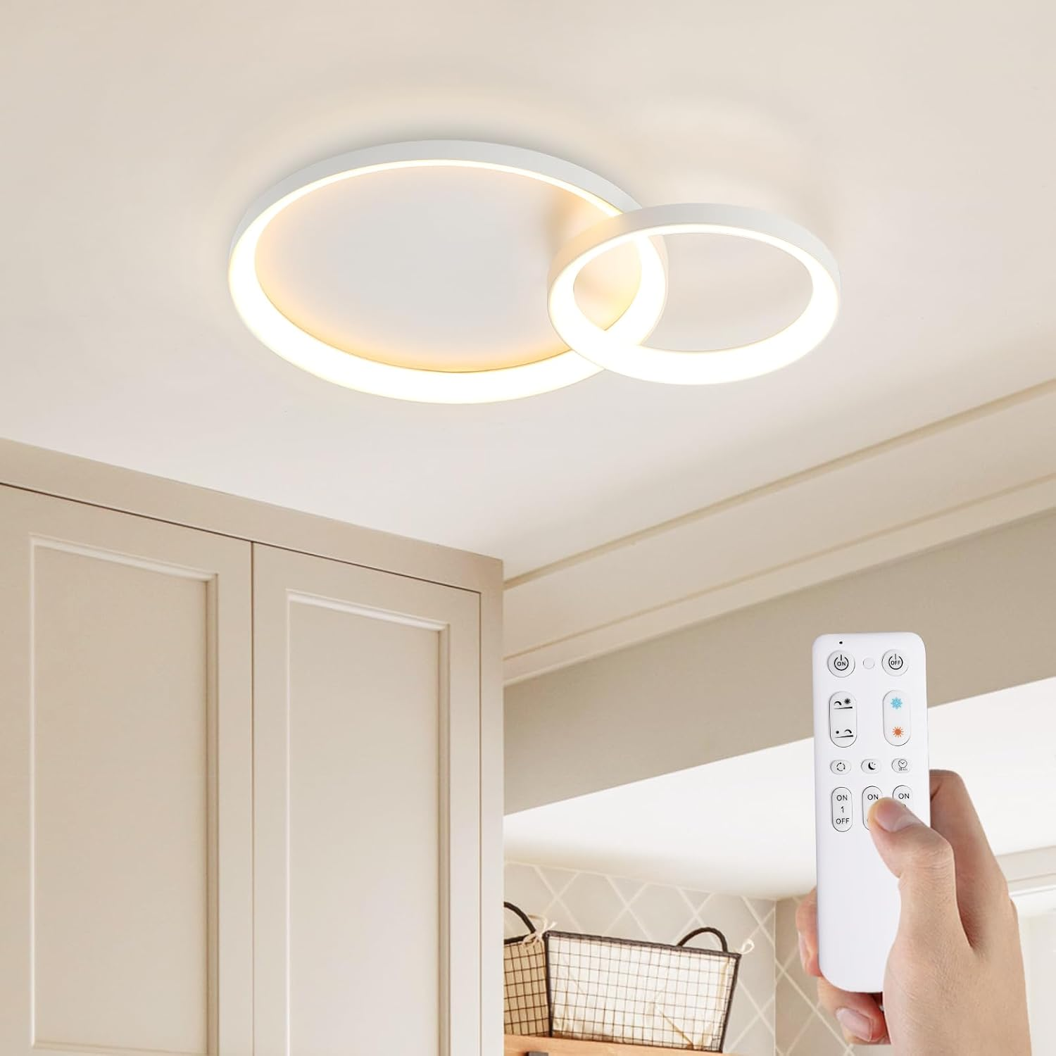 RRBEST LED Ceiling Light Living Room Ceiling Light, 28 W/57 Cm Dimmable Modern Living Room Lamp with Remote Control, 3000 K - 6000 K, Black 2-Ring Design Bedroom Lamp for Dining Room, Study