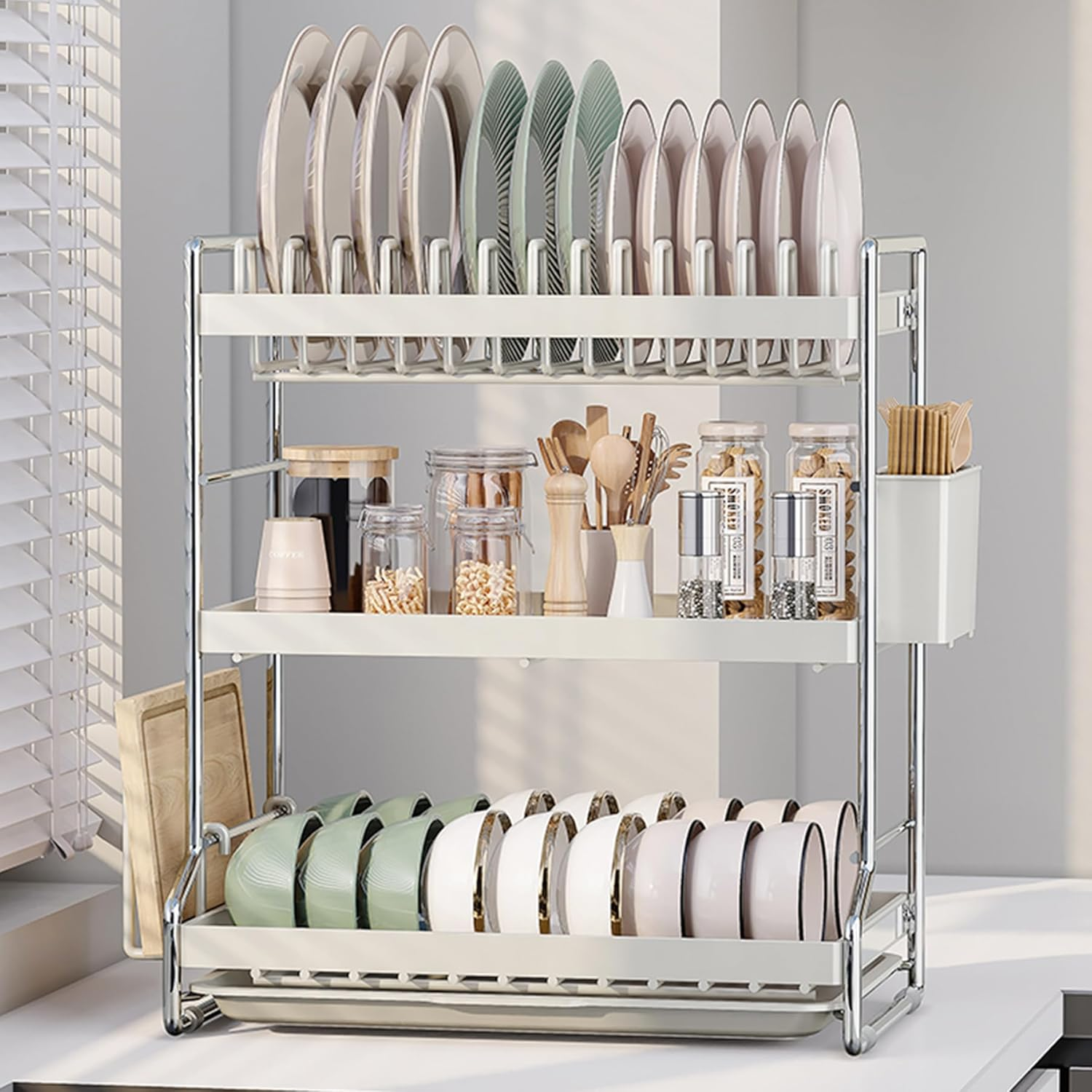 Hoisimdy Dish Drying Rack 3 Tier Kitchen Draining Rack Large Capacity with Cutlery Holder Drip Tray