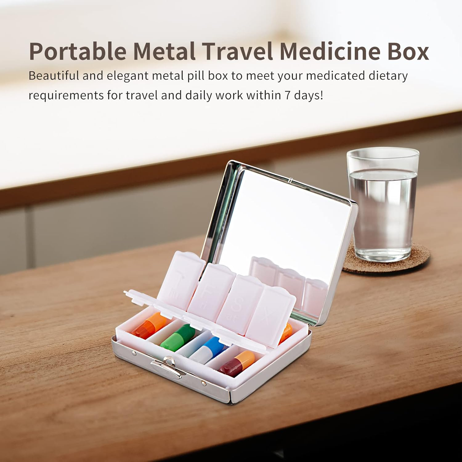 Portable Metal Travel Medicine Box/8 Compartments (Silver, Rectangle)