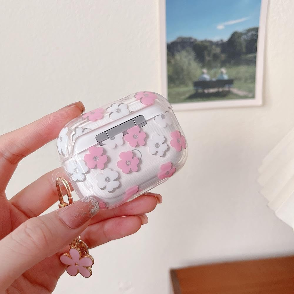 Compatible with Airpods 4 Clear Case,Cute Cartoon Flower Pattern Design with Floral Keychain, Soft TPU Protective Shockproof Case for Airpod 4 for Girls Women-Pink image number 4