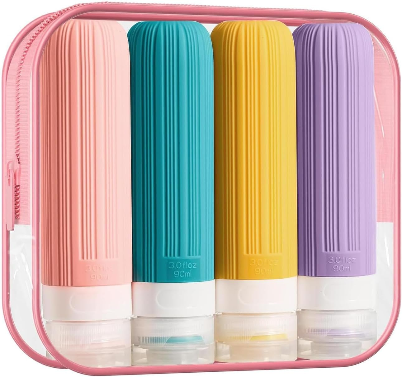 Mumoo Bear Travel Bottles for Toiletries, Tsa Approved 3Oz Portable Travel Bottles, BPA Free Leak Proof Squeezable Silicone Travel Size Containers, Travel Accessories with Clear Toiletry Bag (4 Pack)