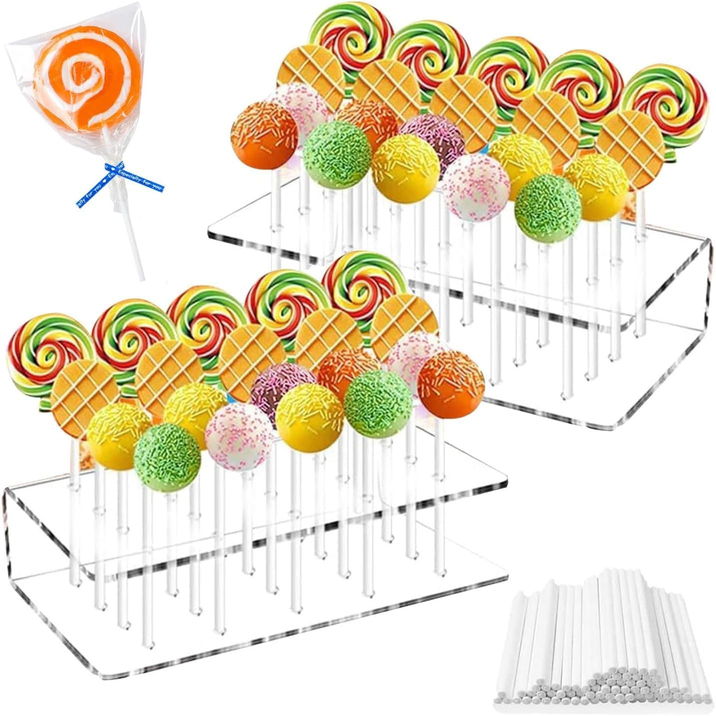 Yharnamite 2 Pcs Acrylic Lollipop Holder, 20 Hole Cake Pops Display Stand with 100 Lollipop Paper Sticks, Clear Lollipop Candy Holder Display Stand Tools for Weddings, Birthday, Party image number 1