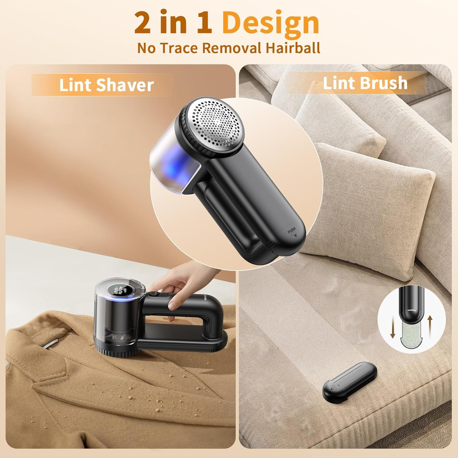 Coldsky Electric Fabric Shaver & Lint Remover, Rechargeable Portable 3-Speed LED Digital Display Sweater Defuzzer for Clothes, Sofa, Bedding - Removes Lint, Hairball, Fuzz - Black image number 1
