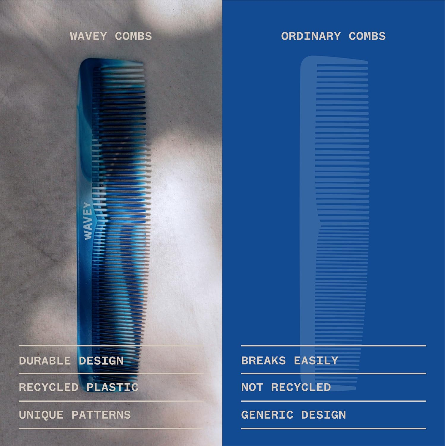 WAVEY Quality Hair Comb for Men and Women, Recycled Ocean Plastic, 7 Inches Length Perfect for Home and Travel, Wide and Fine Tooth for Thick, Thin, Wavy, Straight and Curly Hair Styling - BLUE - Blue image number 3