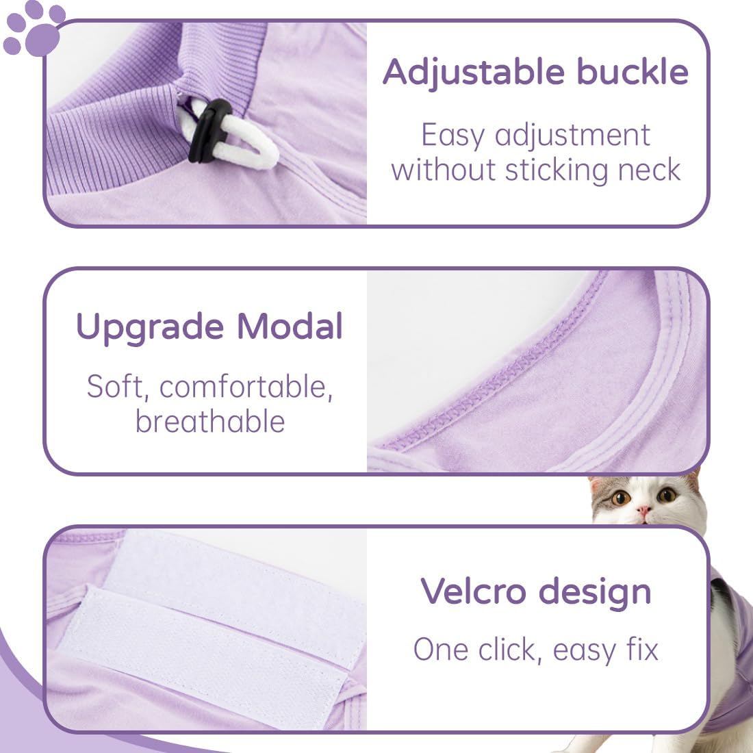 FMYODWU Post-Surgical Neutered/Neutered Cat Jersey, Cat Recovery Suit, Post-Surgical Cat Onesie, E-Collar Replacement for Dogs and Cats for Abdominal Wounds or Skin Disease (M, Purple) image number 3
