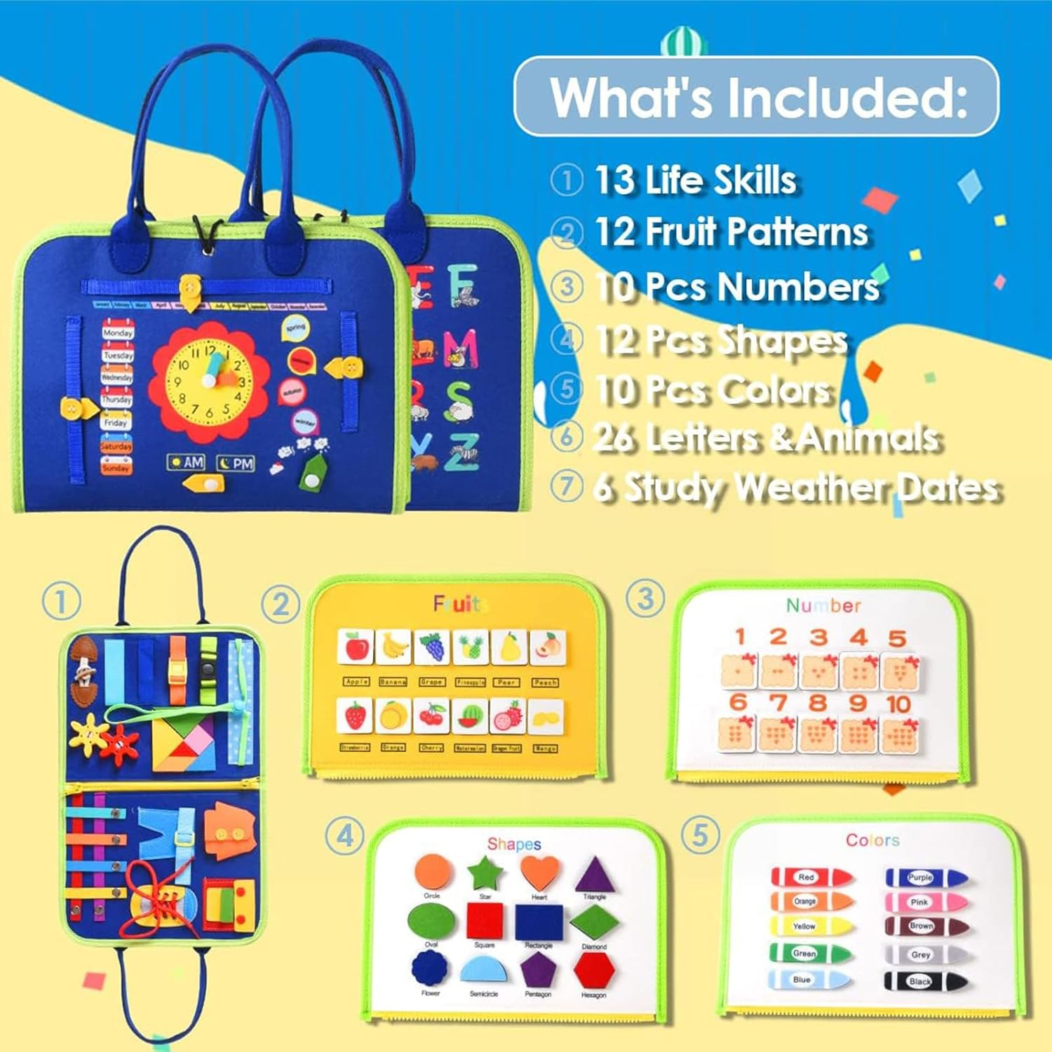 Montessori Activity Busy Book for Toddler - 3 4 5 Years Old Activity Busy Board Toy, Sensory Board Toy Educational Activities for Fine Motor Skills Learning, Travel Toys for Airplane Car Christmas image number 1