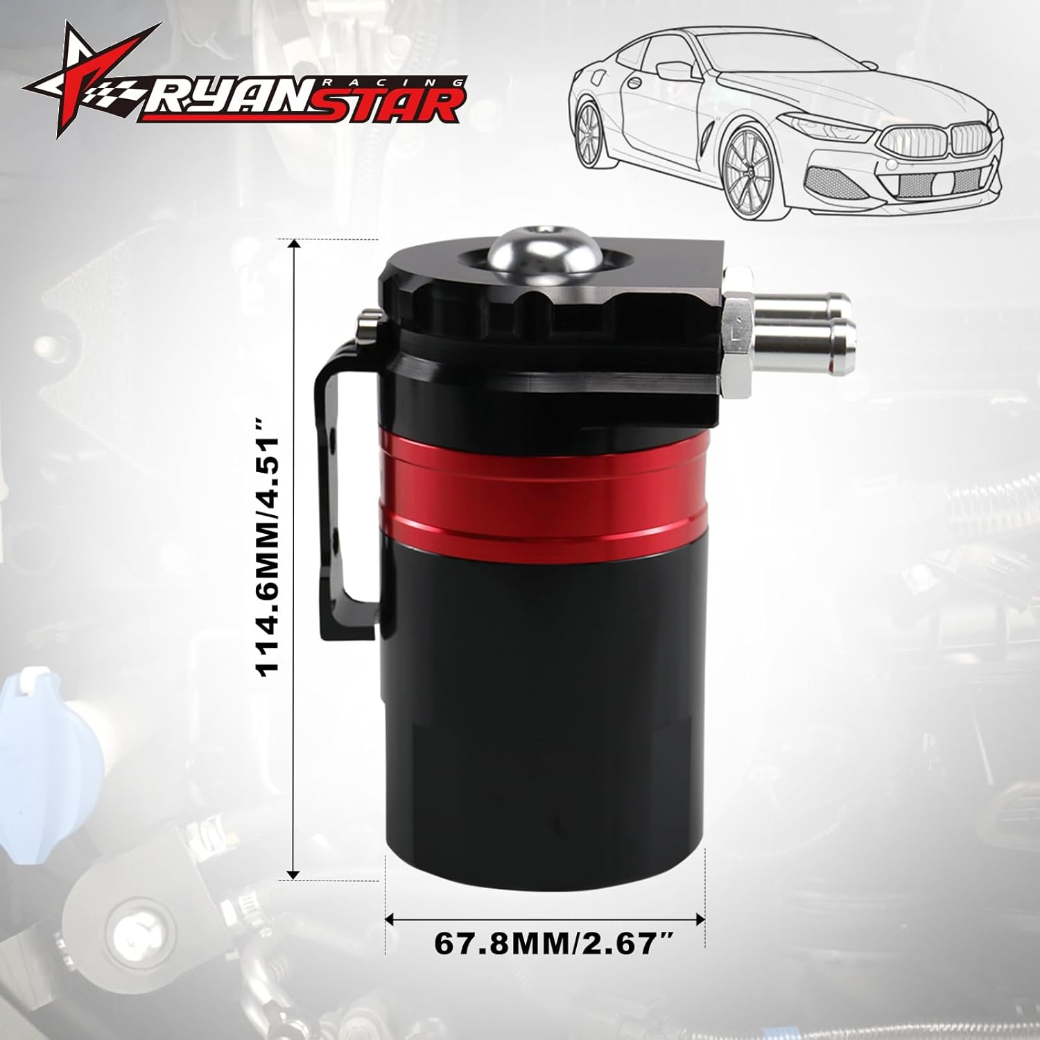 RYANSTAR RACING Universal Oil Catch Can Kit,Air Oil Separator, 350Ml Oil Catch Can Tank,With Breather Filter Black+Red image number 2