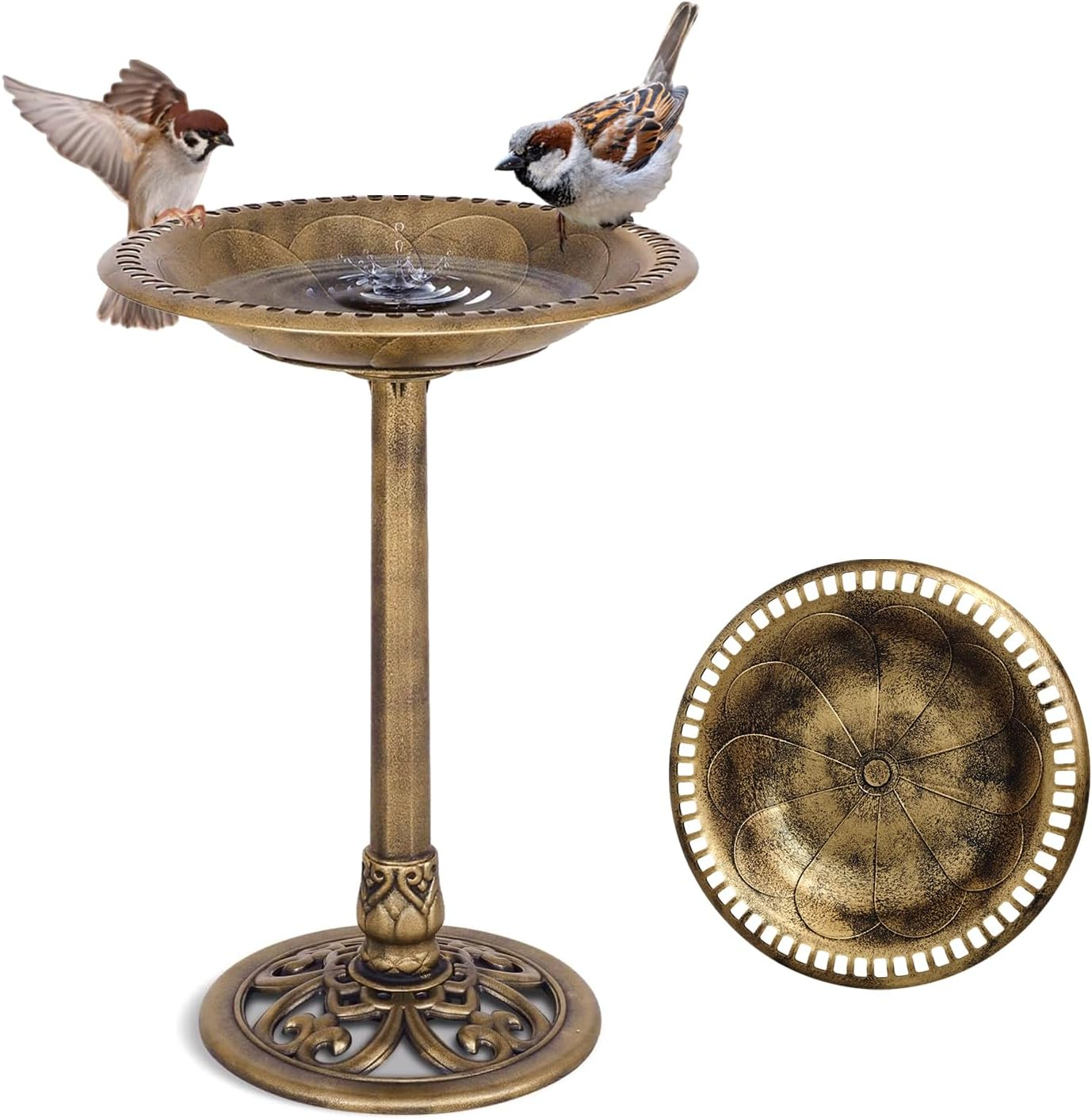 Antique Style 23.2" Tall Bird Bath - Lightweight Resin Base Bird Feeder with Gold Decorative Finish and Anti-Tip Design for Patio or Garden Use image number 4
