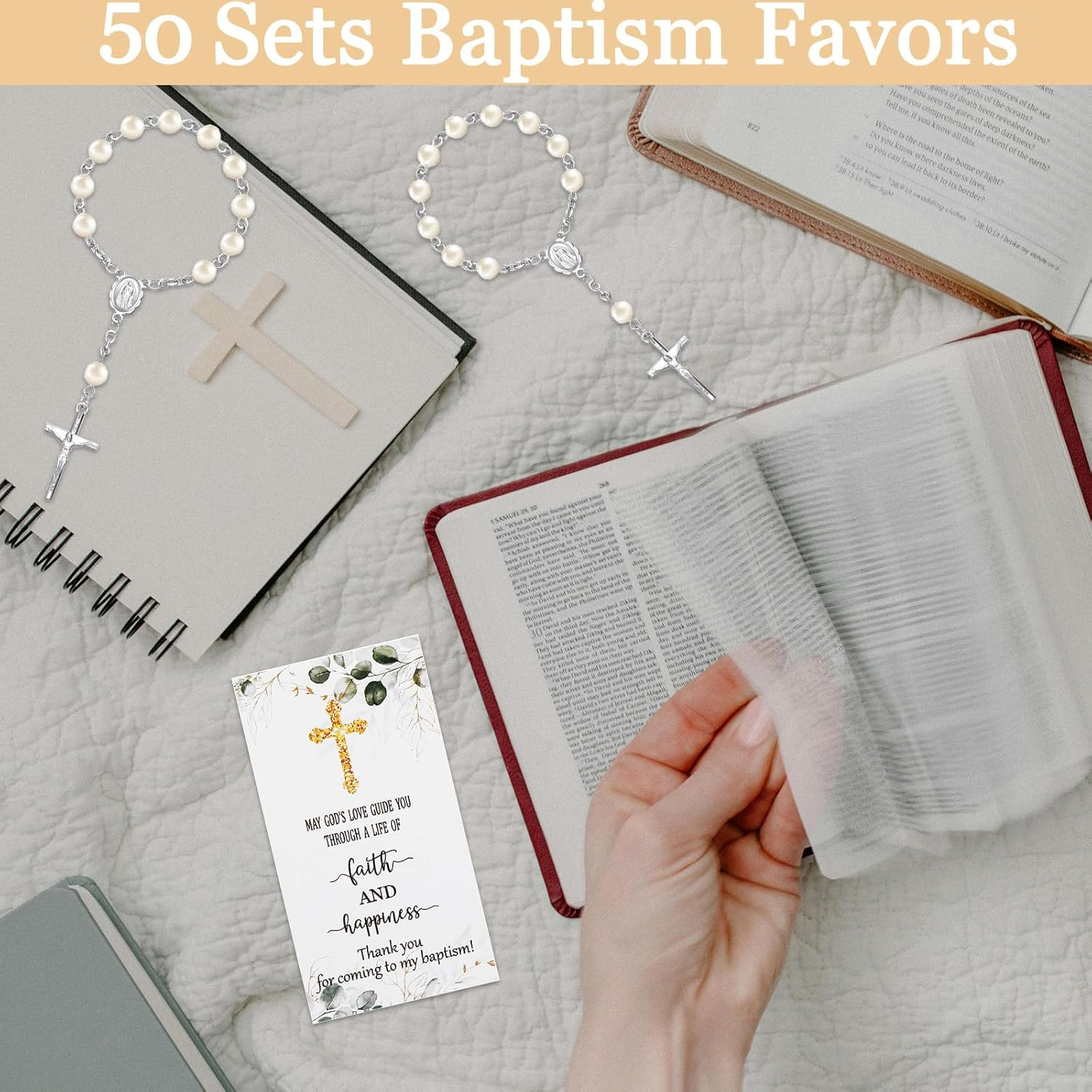 50 Sets Baptism Favors for Guests Acrylic Rosary Beads Faux Pearls Organza Gift Bags Thank You Cards Silver Angel Charm Keychain for Baptism Christening First Communion Party Supplies (Silver)