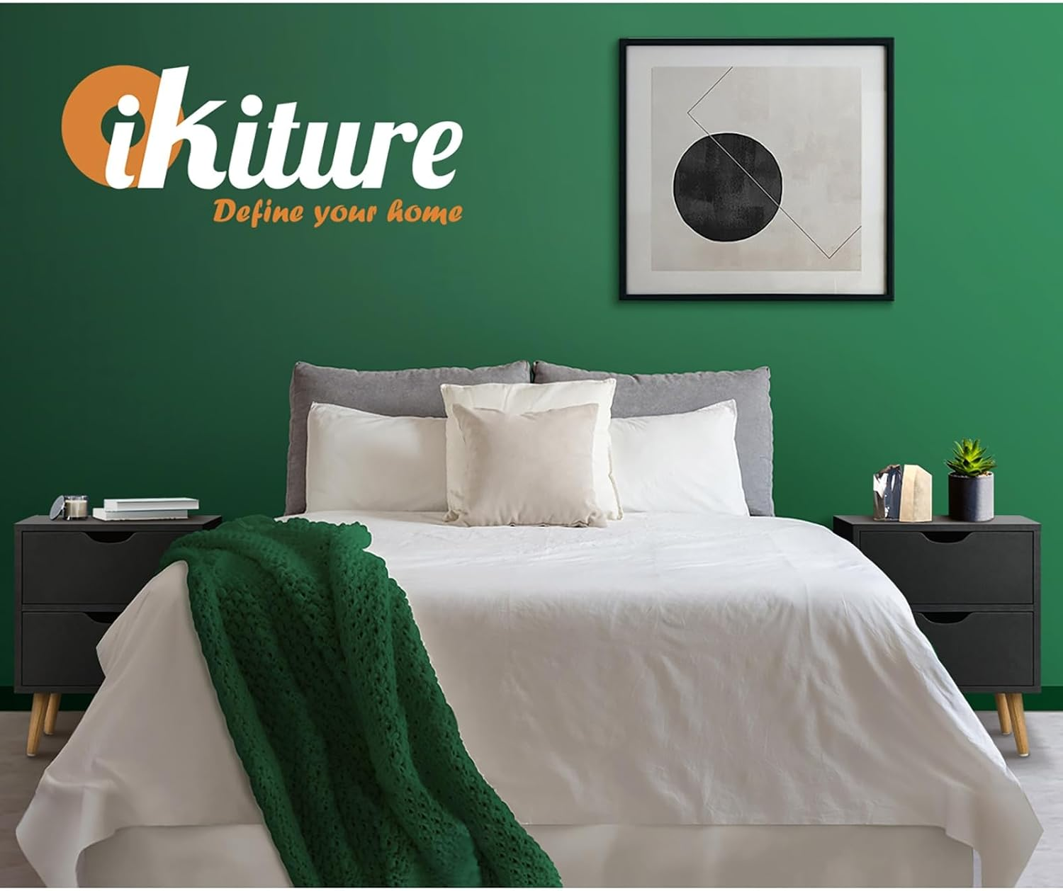 Oikiture Bedside Table with 2 Drawers, Wooden Side Table Nightstand Home Storage Furniture Black image number 2