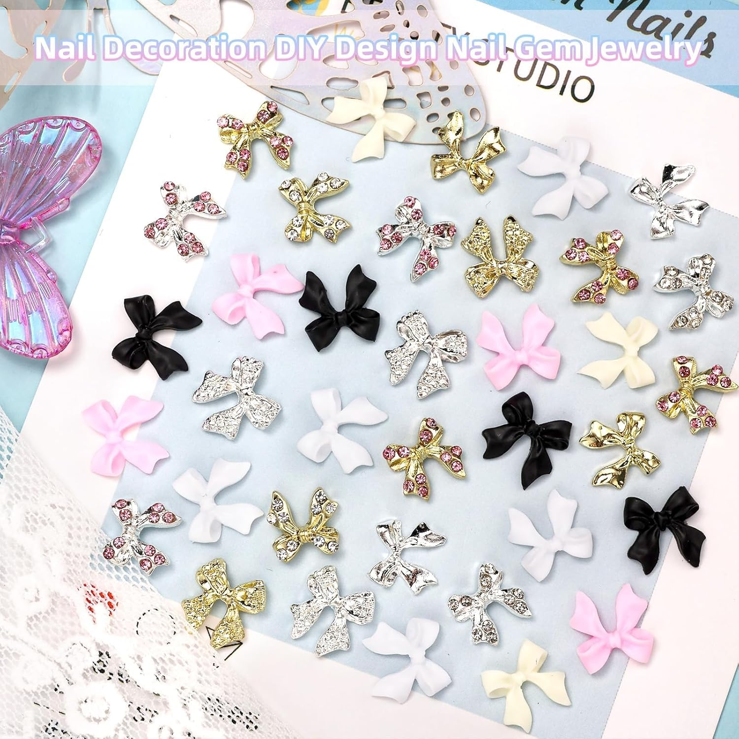 60 Pcs 3D Bow Nail Charm and Gems, Silver Gold Alloy Bowknot Nail Gems, 4 Colors Bows Acrylic Nail Art Charms Glitter Nail Gems Charms for Nail Art DIY Decoration Accessories Crafts image number 6