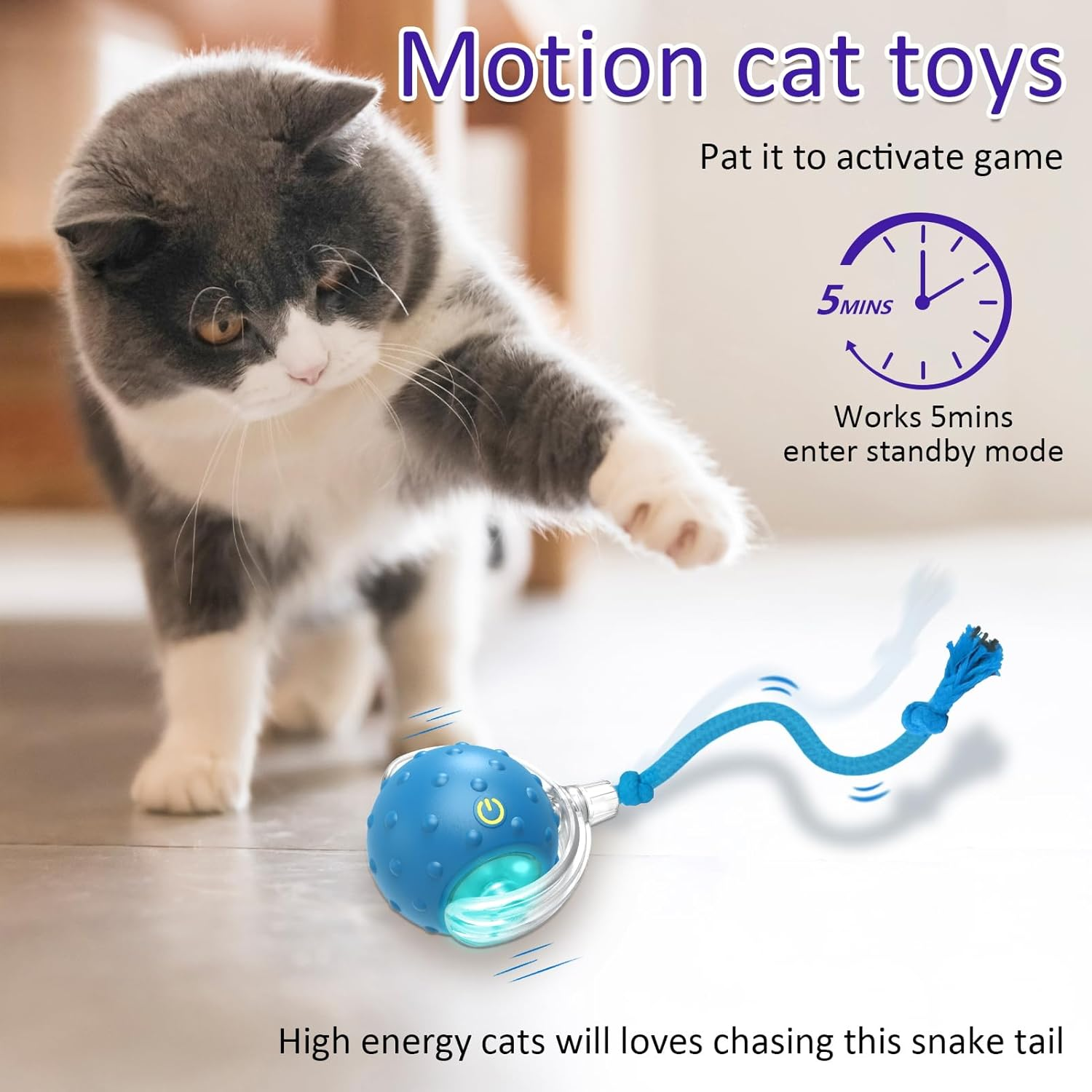 Giociv Interactive Cat Toy Ball for Indoor Cats, Fast Rolling on Carpet, Chirping and Motion Activation Cat Toy (Blue) image number 4