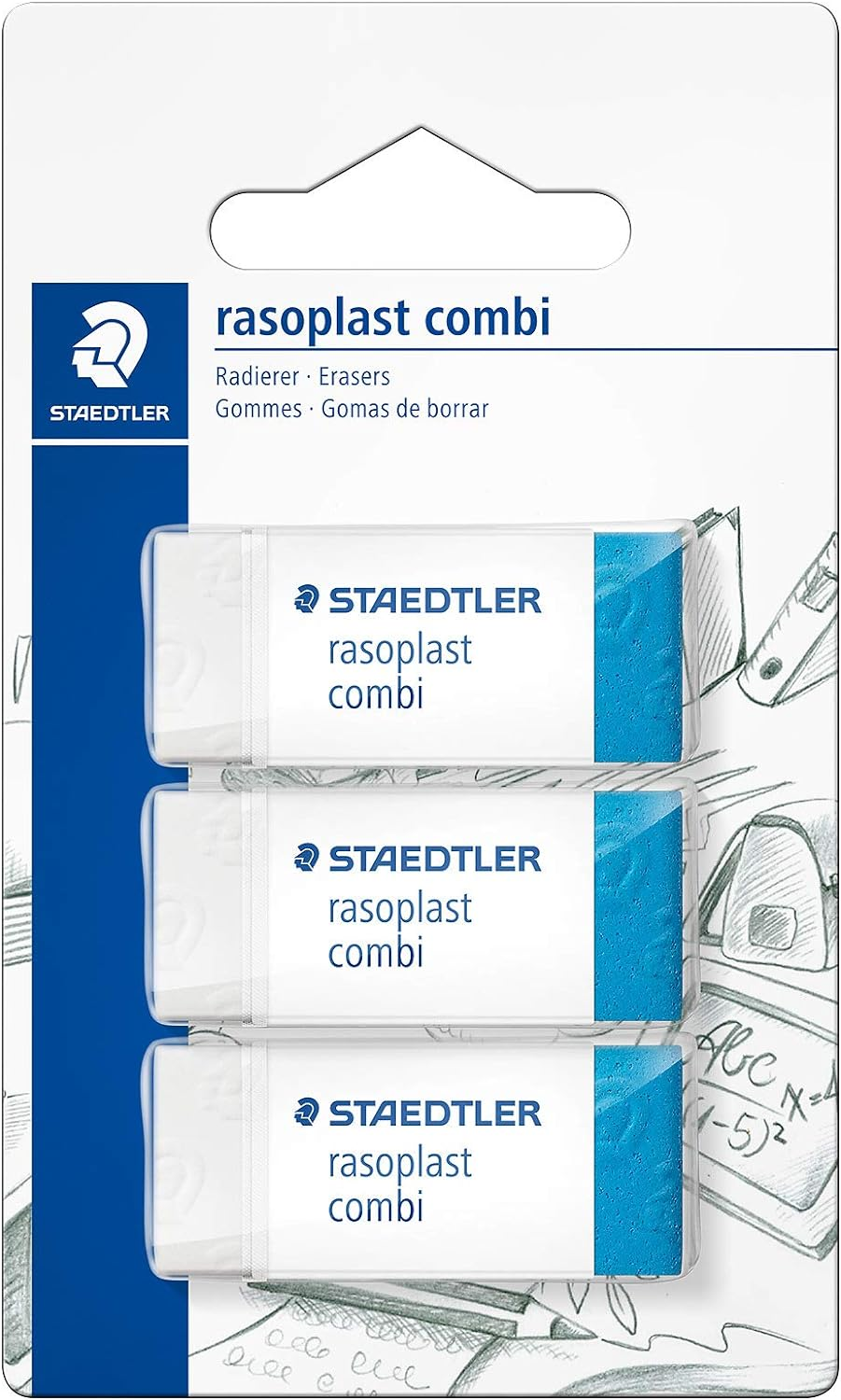 STAEDTLER Rasoplast Combi Erasers 3 Pack, 526BT3BK3D, Minimal Crumbling, Sliding Sleeve for Convenient Handling, Phthalate and Latex Free, Blue Part of Eraser for Writing Ink on Paper image number 3