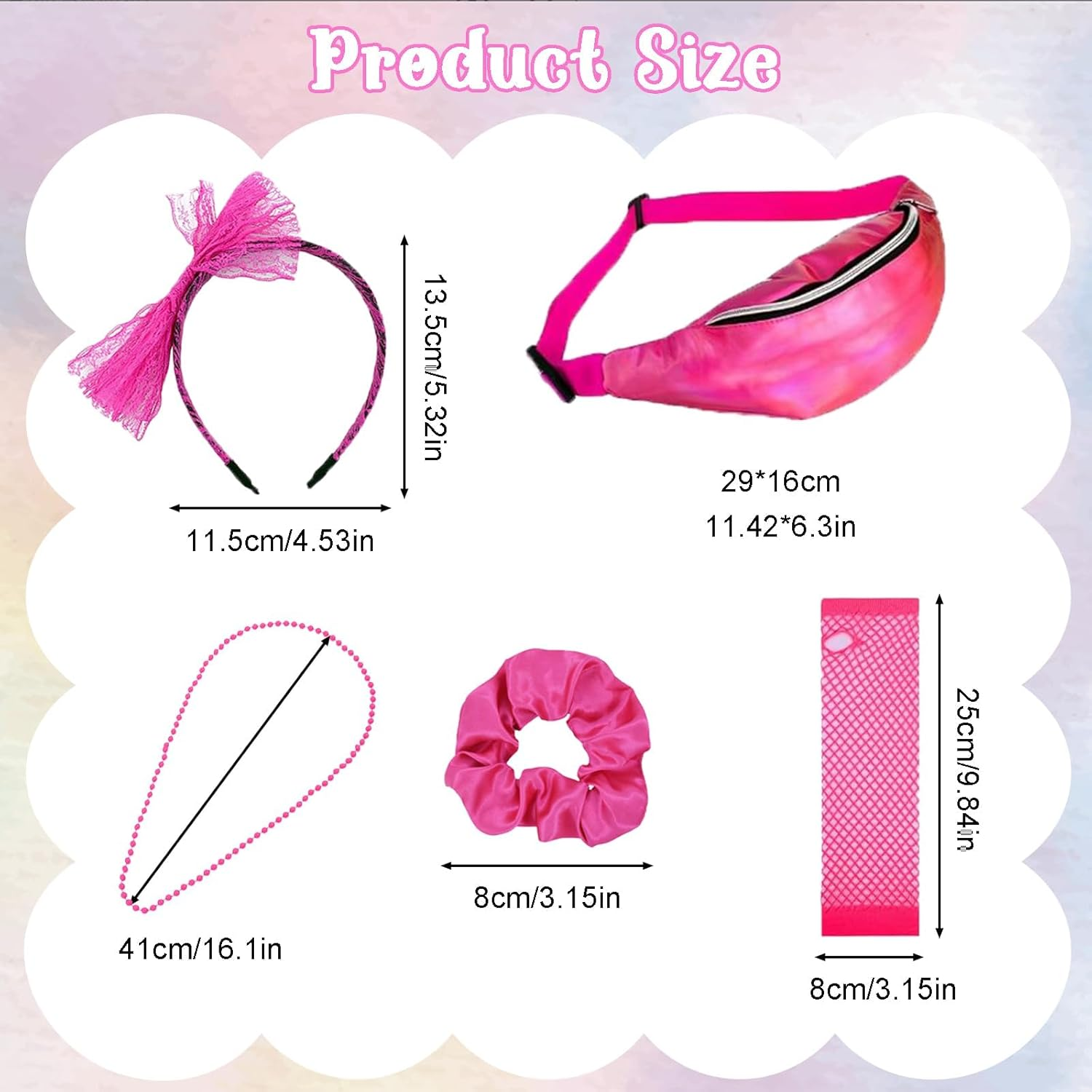26Pcs 80S Fancy Dress for Women,Neon Clothes Costume Set with Lace Bow Headband,Sunglasses,Hair Scrunchies,Necklace,Earring,Tutu Skirt,Leg Warmers,Fishnet Gloves,Waist Packs (Pink) image number 3
