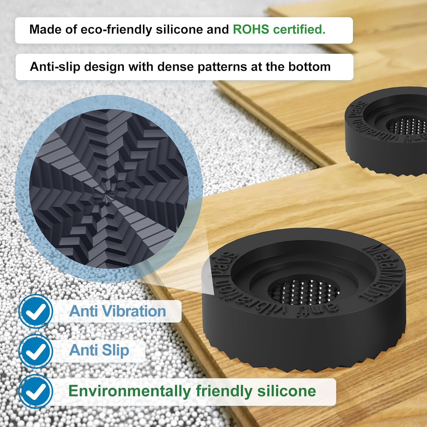 Metamight Universal Anti-Vibration Pads for Washing Machine,2.8" Dia,4-Pack.Eco-Silicone,Rohs-Certified. Sturdy&Non-Slip,Great for Shock Absorption. Fit Fridge,Dryer,Dishwasher Legs Stabilizer Damper image number 6
