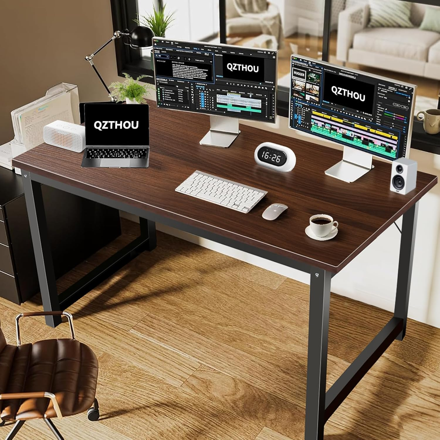 Office Desk Computer Table, Large Office Computer Desk with Retro Wooden Tabletop Sturdy Black Metal Legs Writing Tables for Apartment Dorm Simple Workstation image number 3