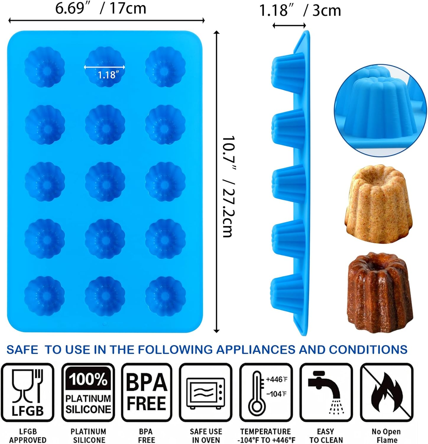 Sidosir 2Pcs Canele Mold Silicone, 15-Cavity Mini Nonstick Canele Silicone Baking Cake Pan for Bread Muffin (15-Cavity) image number 3