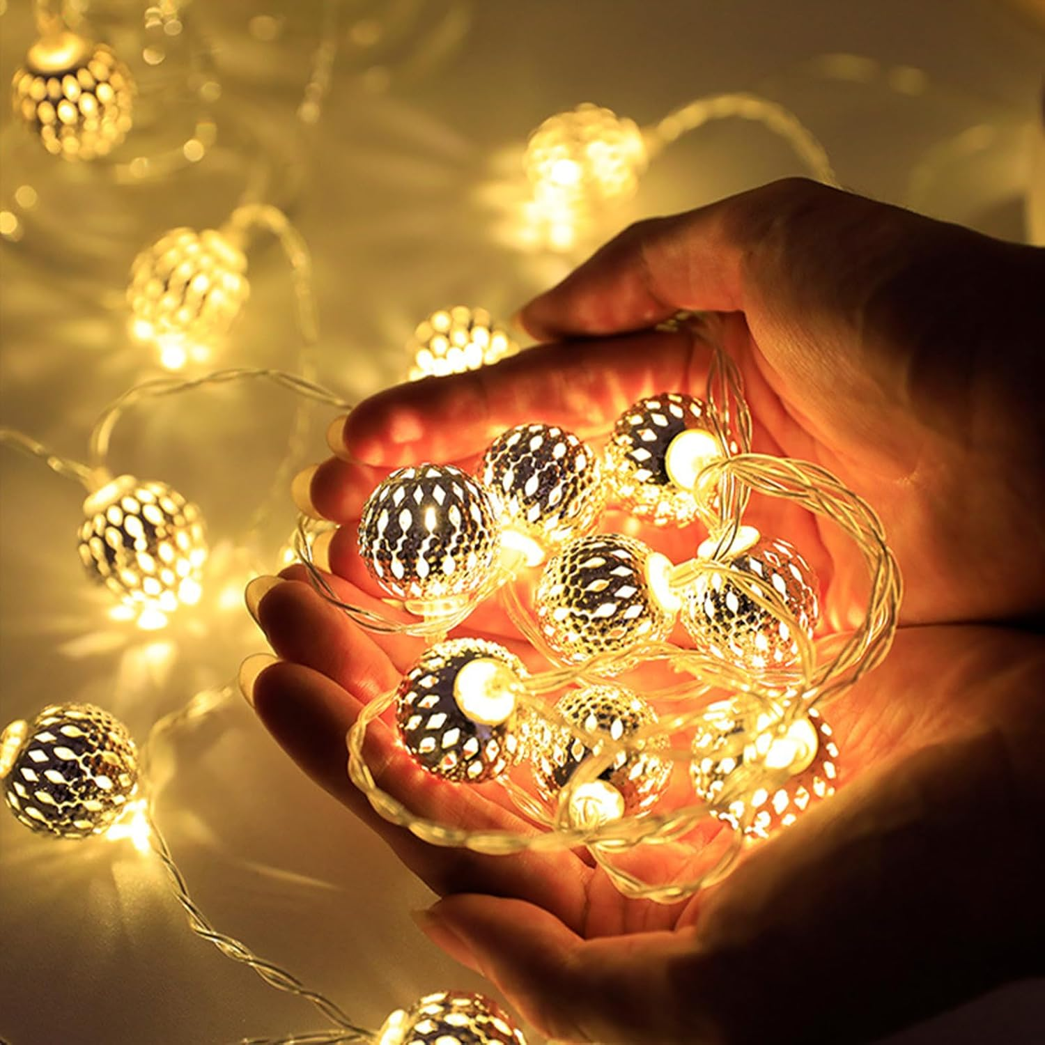 ENLACE Moroccan String Lights, 3 Meters 20 Leds Metal Balls Battery Operated for Indoor Outdoor Wedding Christmas Birthday Party Decoration Warm White image number 4