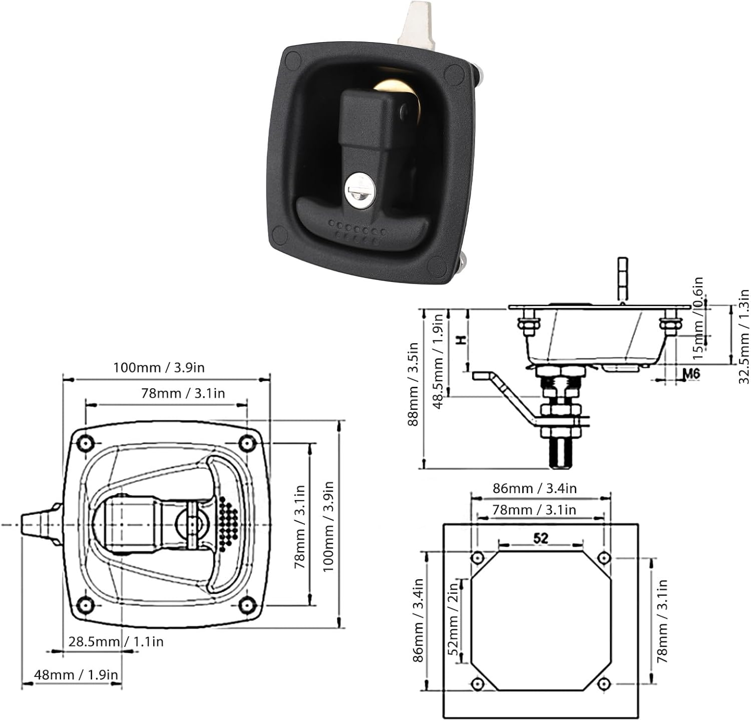 T Handle Latch for RV, Zinc Alloy Construction, Compression Lock Design, Proof Water Outdoor Lock, Matte Surface Treatment, Black, Fits for RV Trailer image number 5