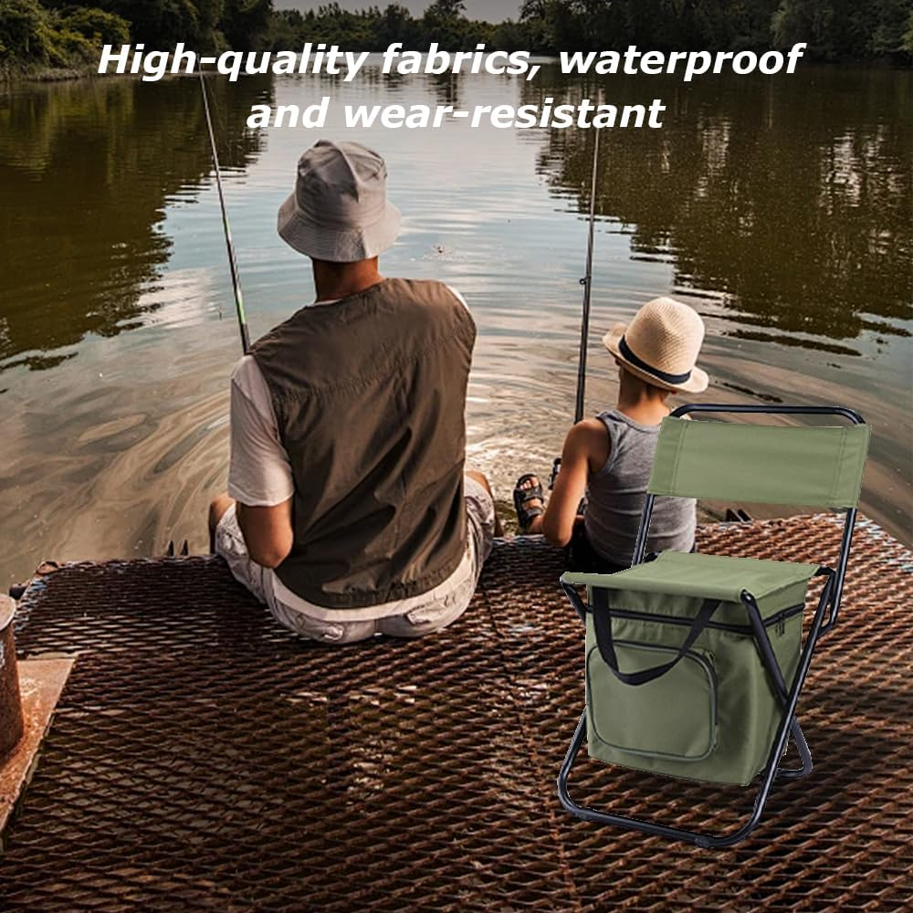 Camping Fishing Stool, Outdoor Folding Chair, Hiking Portable Seat, Chair with Cooler Insulated Picnic Bag, Stool for Camping Hunting Fishing (Green, 32 * 31 * 58CM) image number 4