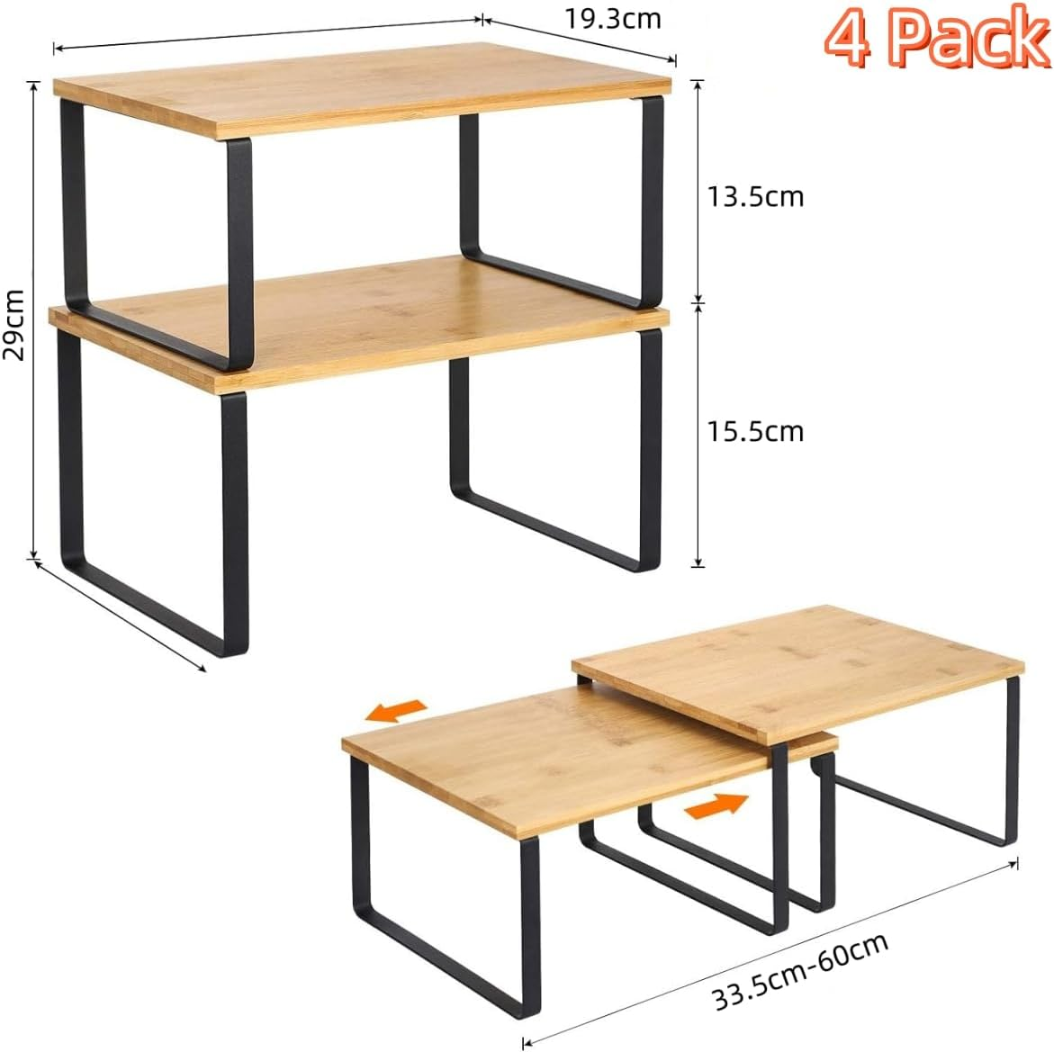 9SHOME 4Pack Expandable Cabinet Shelf Organiser, Stackable Kitchen Counter Shelves Organiser, Wooden Cupboard Stand Spice Rack, Pantry Shelves Cabinet Insert for Kitchen Bathroom image number 6