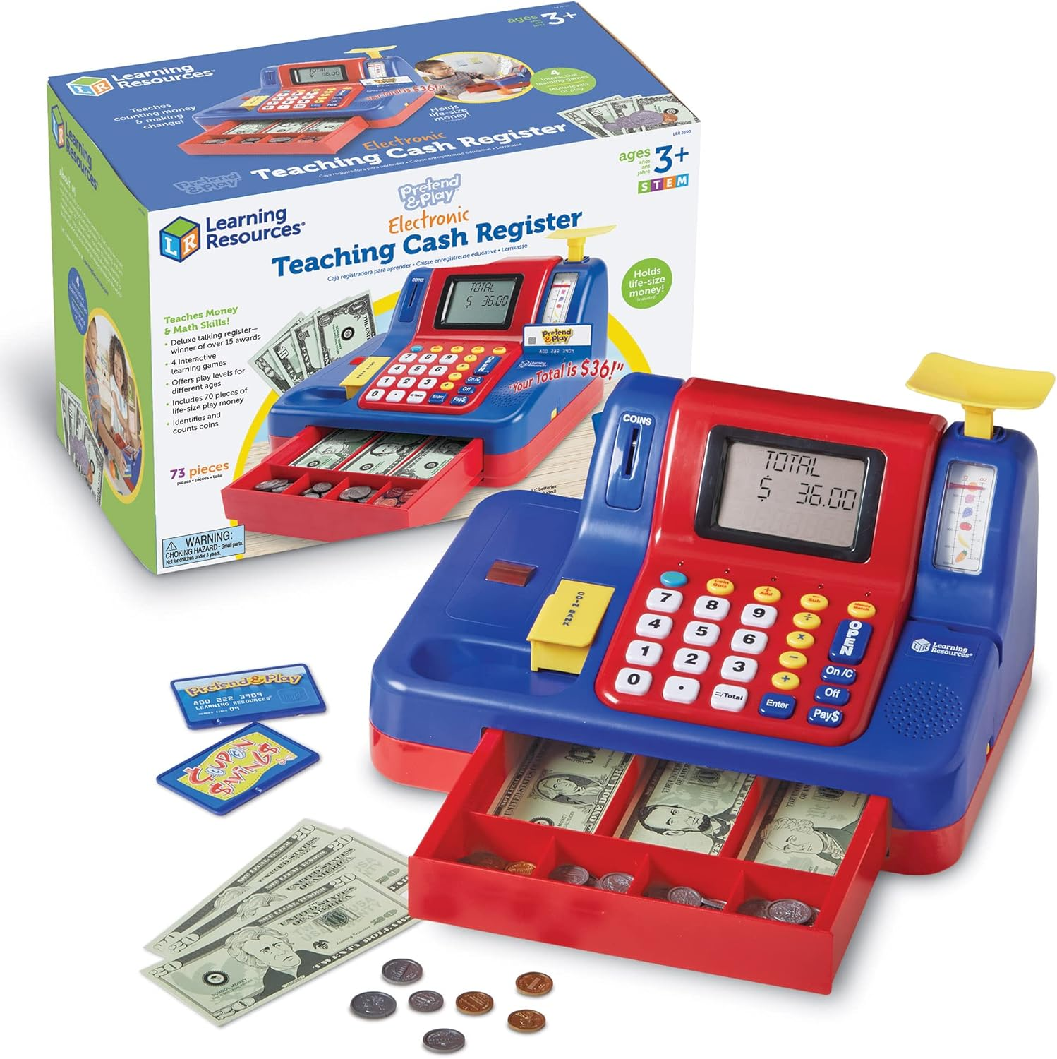 Learning Resources Pretend & Play Teaching Cash Register, Talking Register, Counting Activities, Money Management, 73 Piece Set, Ages 5+ image number 1