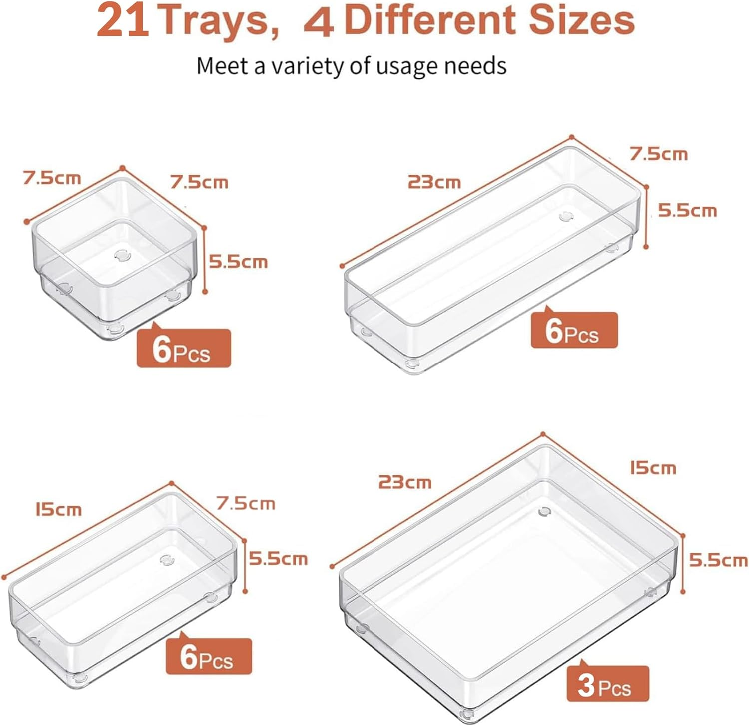 21-Piece Clear Plastic Drawer Organizers Set 4-Size Versatile Bathroom and Vanity Drawer Organizer Trays, Storage Bins for Makeup, Bedroom, Kitchen Gadgets Utensils and Office image number 3