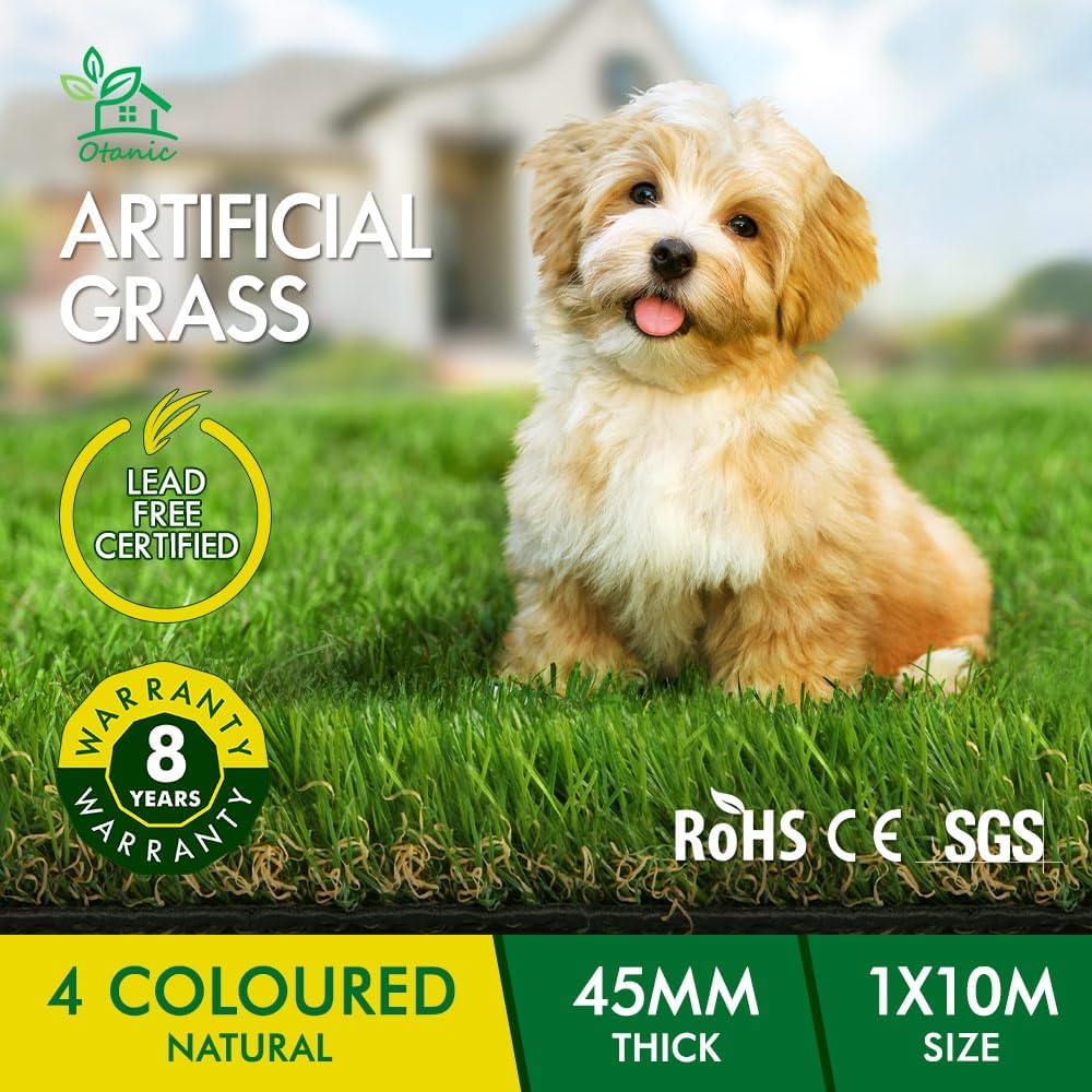 OTANIC Artificial Grass 10 SQM Roll 1X10M Synthetic Turf Gloss Finished 45Mm Pile Height with Drainage Fake Yarn Lawn Plant Rug 4-Tone Green Colour for Garden Outdoor Indoor Backyard image number 1