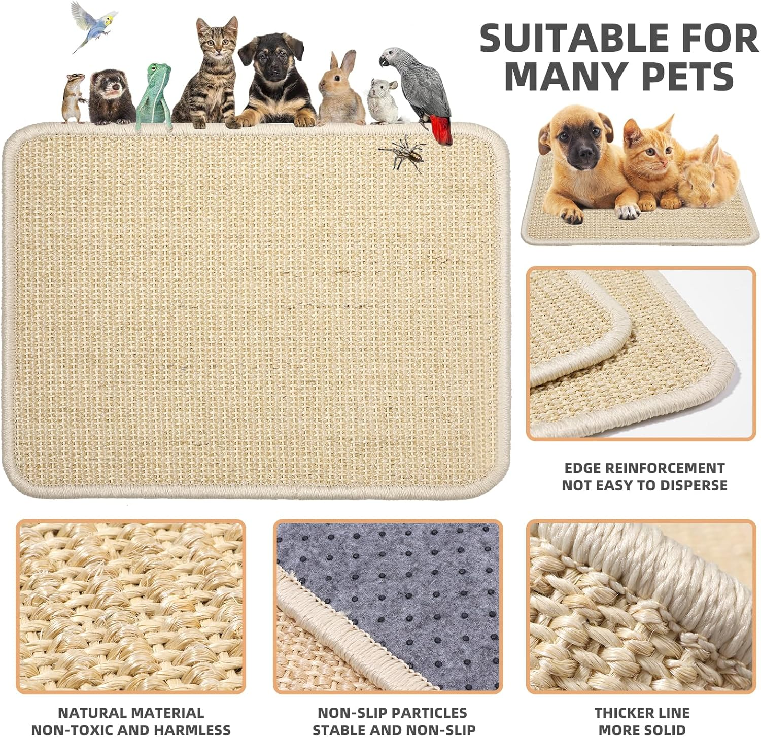 Uotey 2-Piece Sisal Scratching Pad, Natural Sisal Cat & Rabbit Scratcher, Small Animal Scratch Pad Rug, Indoor Horizontal Cat Scratching Mats, Furniture Protector (Beige)