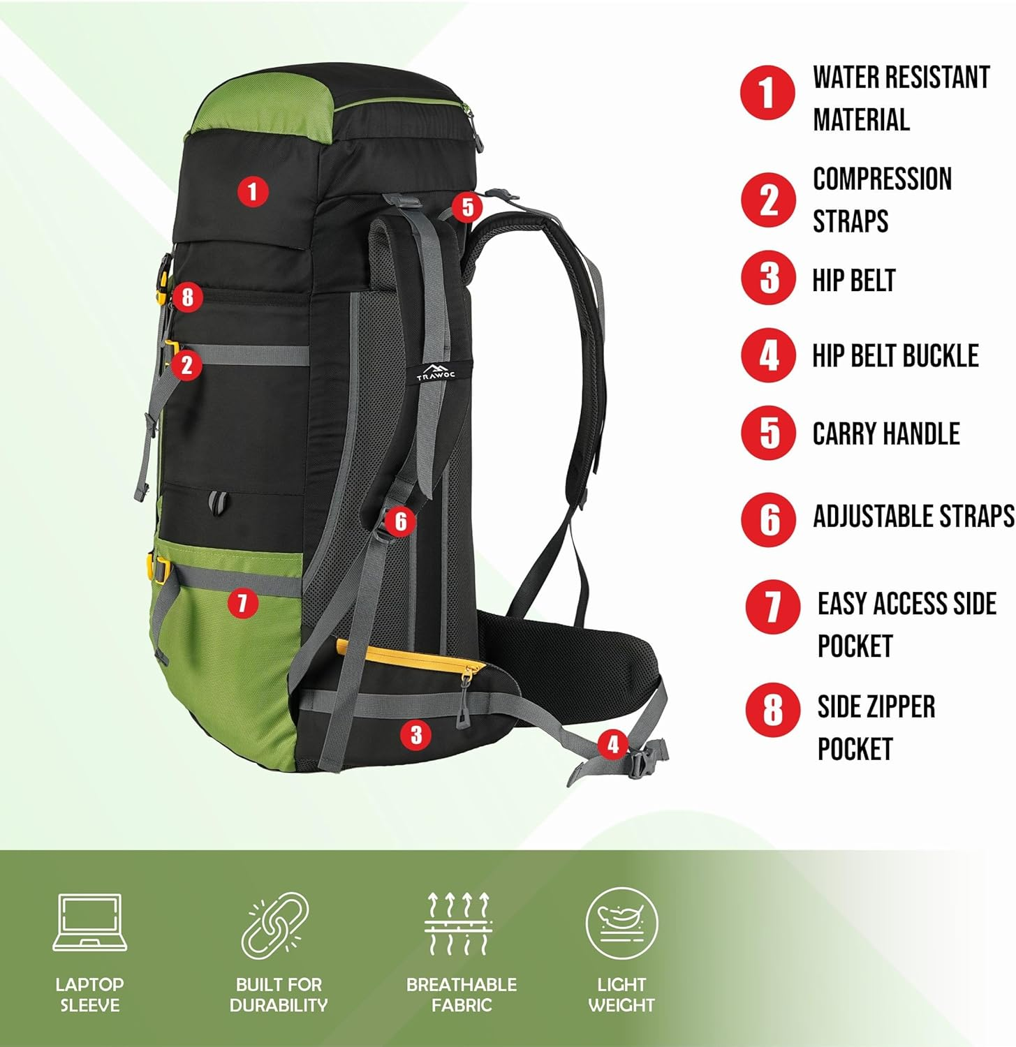 TRAWOC GRITMAX 55 Litre Travel Bag Front & Top Open Backpack for Hiking Trekking Camping, Rucksack for Men & Women with Rain Cover and Shoe Compartment image number 1