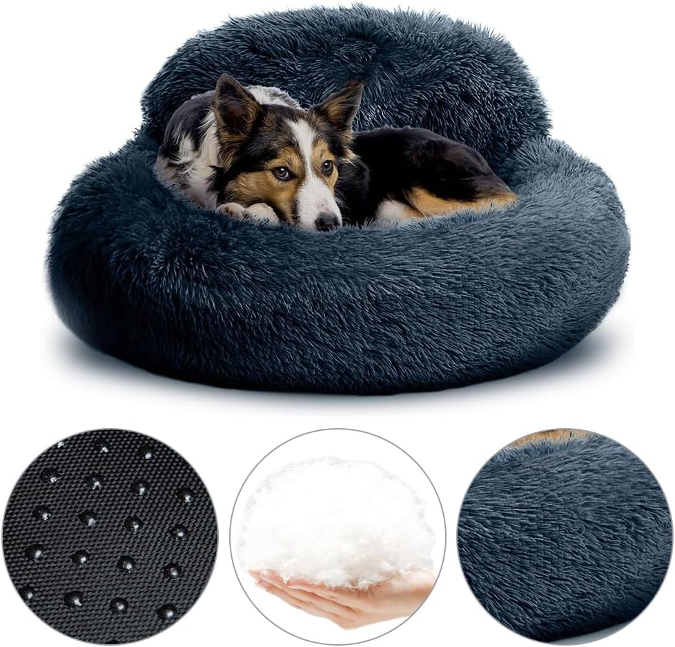 MOTRAIN Calming Dog Bed & Cat Bed, Donut Dog Bed for Small, Medium Dogs, Anti-Slip & Washable round Dog Bed, Fluffy Faux Fur Plush Dog Cat Cushion Bed, 23.6Inch, Deep Grey image number 3
