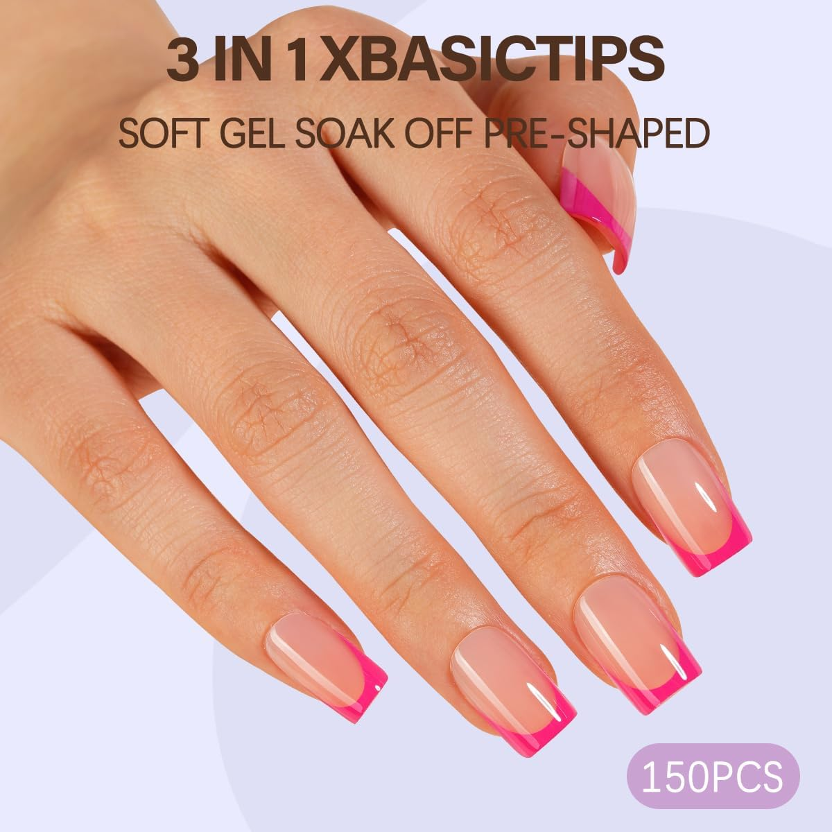 Misssix French False Nails Xbasictips, 150 Counts, Short Square Pink False Nails, French Soft Gel Tips, Pre-Shaped, No Filing Needed, 3 in 1 Tips, Posti Nails image number 3