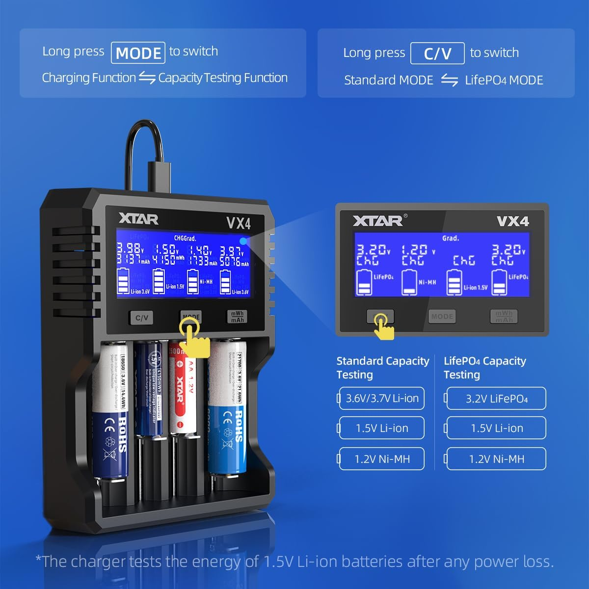 XTAR New VX4 Universal Battery Charger for 3.6/3.7V Li-Ion 1.5V Li-Ion&1.2V Ni-Mh AA AAA 3.2V Lifepo4 Batteries,Test Battery Real Capacity (VX4) image number 1