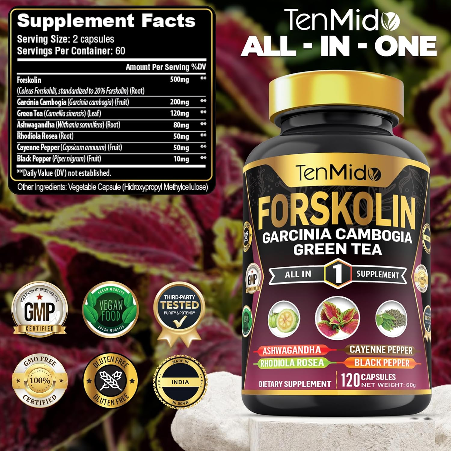 Forskolin Supplement with Garcinia Cambogia, Green Tea, Ashwagandha, Rhodiola, Cayenne & Black Pepper - 120 Non-Gmo, Vegan Capsules image number 2