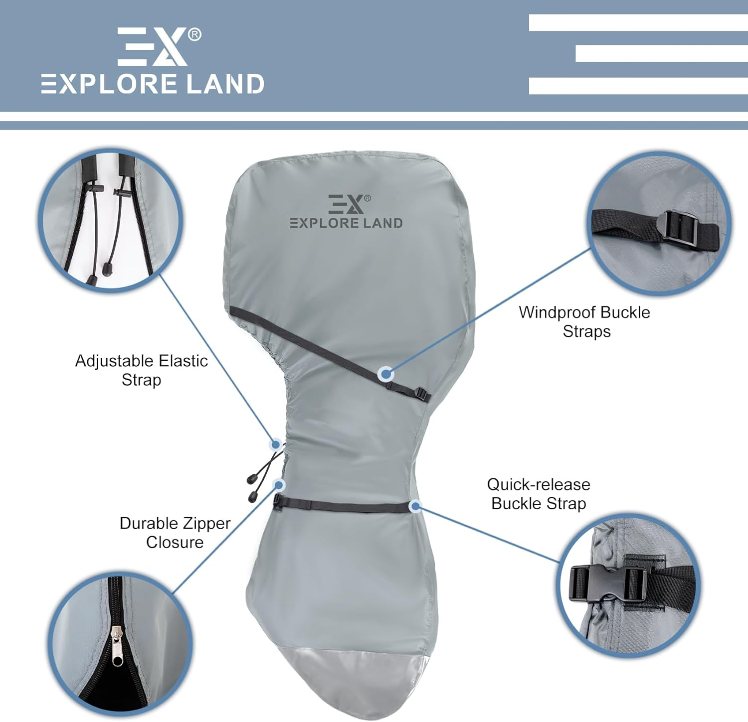 Explore Land Fade Resistant Full Outboard Motor Cover - Waterproof 600D Heavy Duty Boat Engine Covers Fit for Motor 60-100 HP, Grey, 10807703